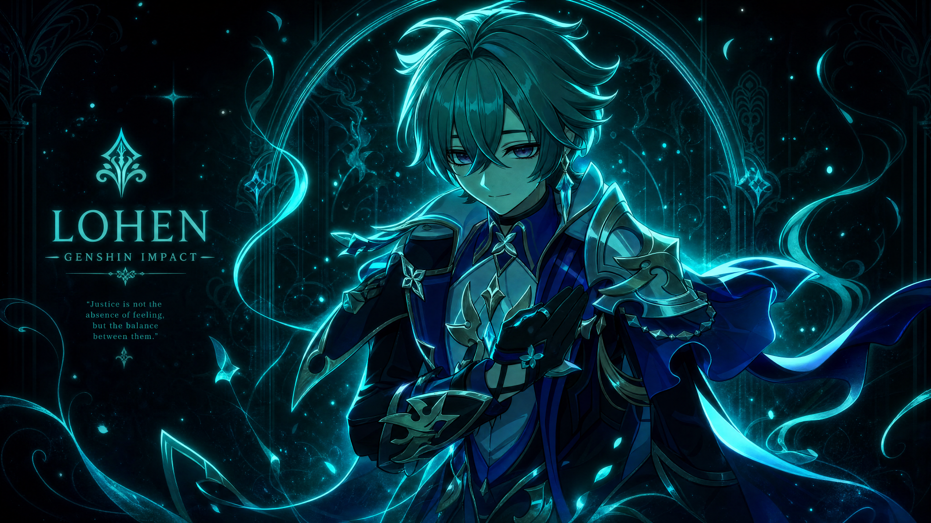 Lohen (Genshin Impact) in teal-blue magical aura, framed by glowing runes and swirling particles — detailed 4K Ultra HD PC desktop wallpaper.