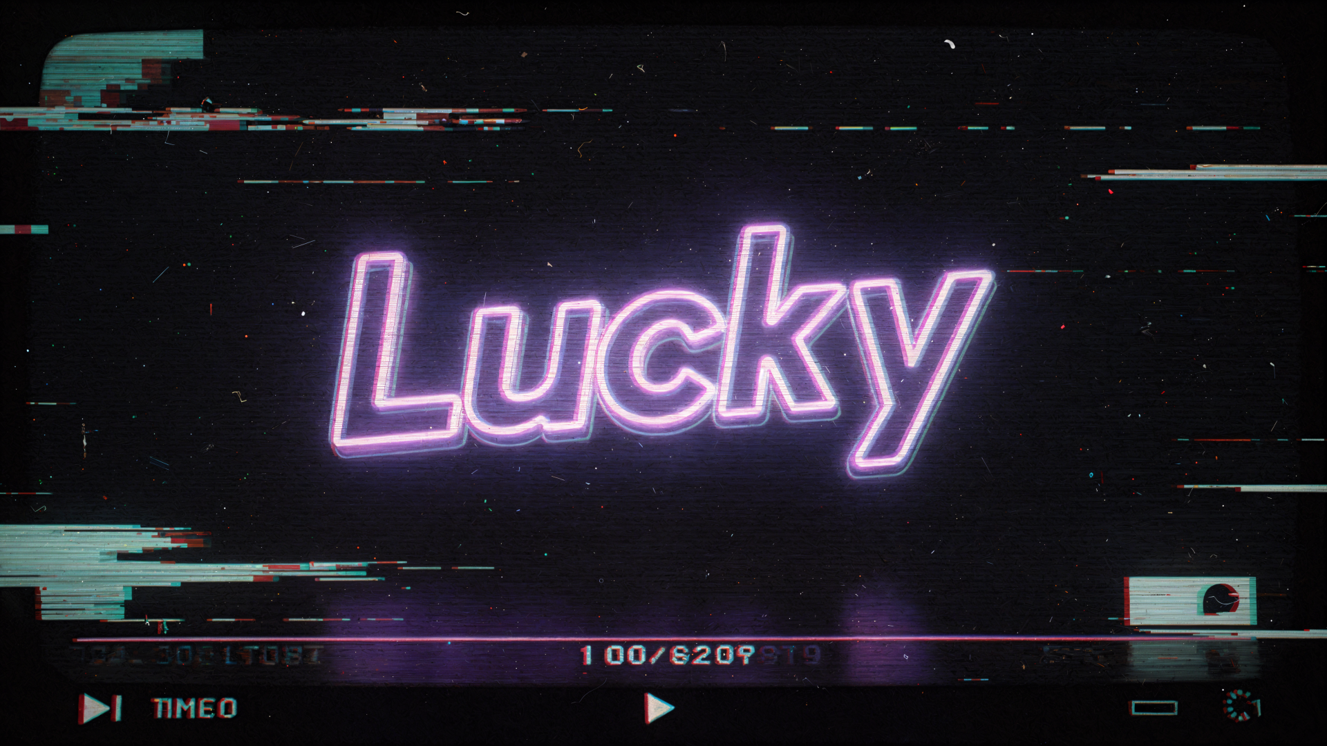 Neon Lucky text in purple-glitch style on a dark starry field with VHS scanlines and distortion — 4K Ultra HD PC desktop wallpaper/background with retro cyberpunk vibe.
