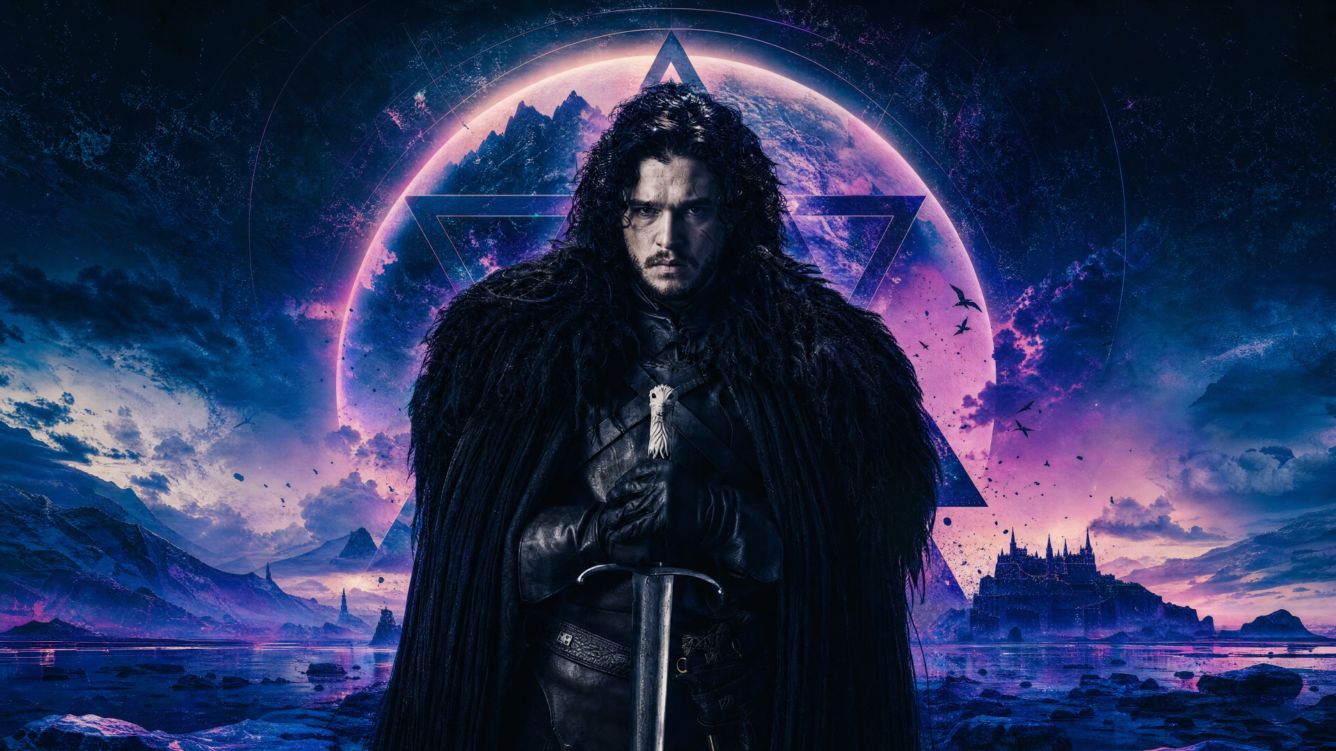 Brooding medieval warrior in a black fur cloak holding a sword before a glowing purple moon and distant fortress — 4K Ultra HD PC desktop wallpaper.