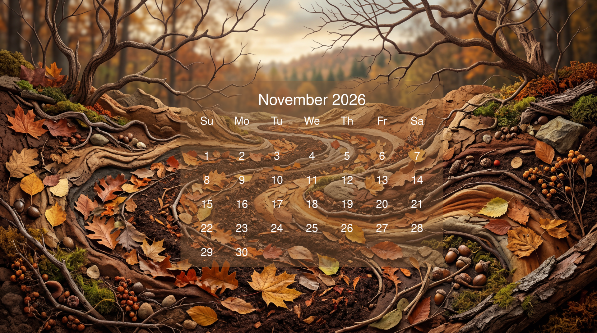 5K Ultra HD PC desktop wallpaper: November 2026 calendar over a detailed autumn forest floor of roots, fallen leaves and acorns, warm golden light and distant misty trees.