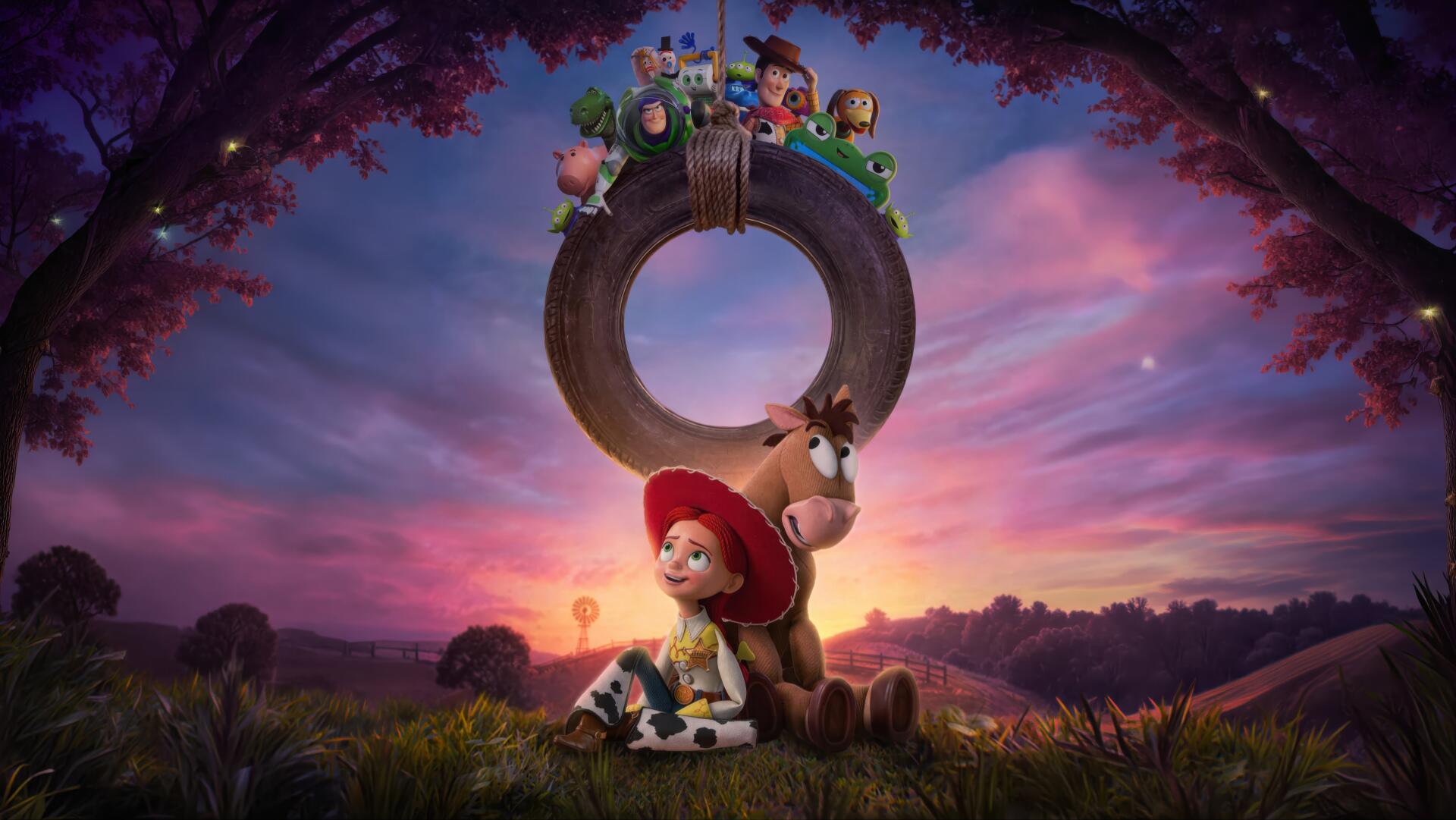 Toy Story 5 4K Ultra HD PC desktop background: Jessie sits with Bullseye beneath a hanging tire as Woody, Buzz and other toys perch above against a vibrant sunset meadow.