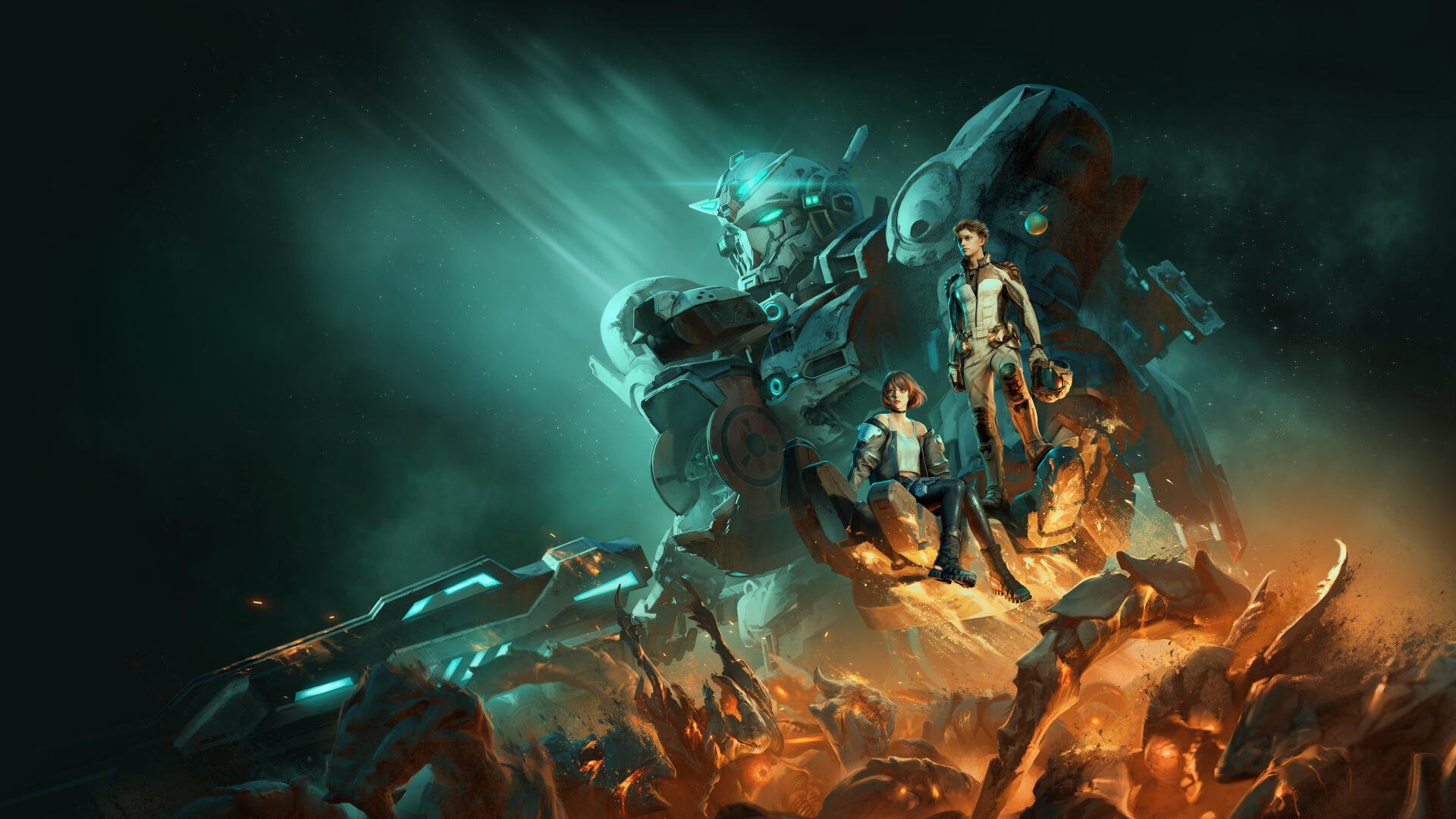 4K Ultra HD PC desktop wallpaper of a Gundam: a towering teal mech looms behind two pilots standing on debris above a fiery battlefield, glowing weapons and swarms of enemy drones.