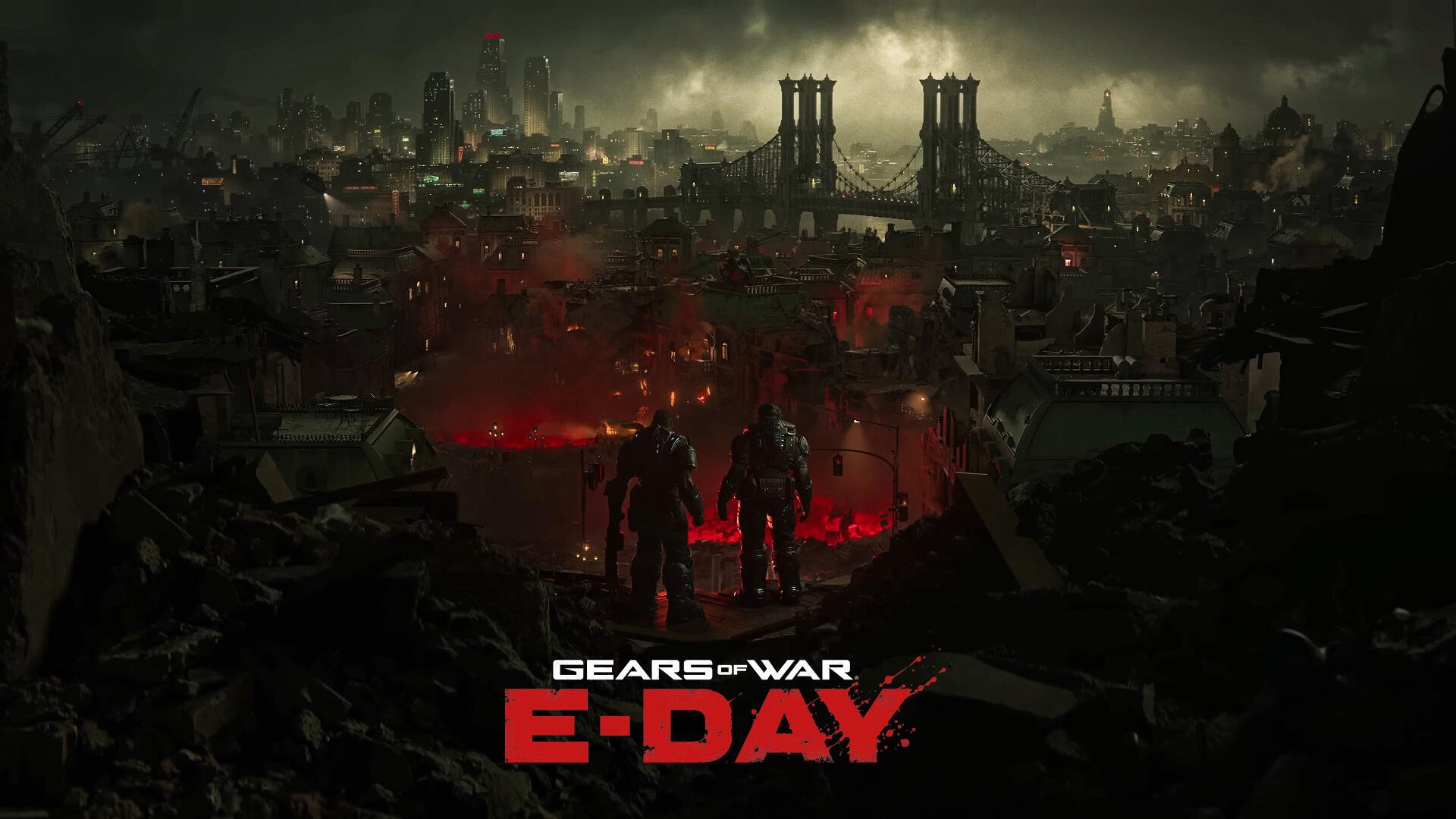 4K Ultra HD PC desktop wallpaper and background for Gears of War: E-Day — Gears of War scene with silhouetted soldiers overlooking a ruined, smoke-filled city and red-glowing chasm.