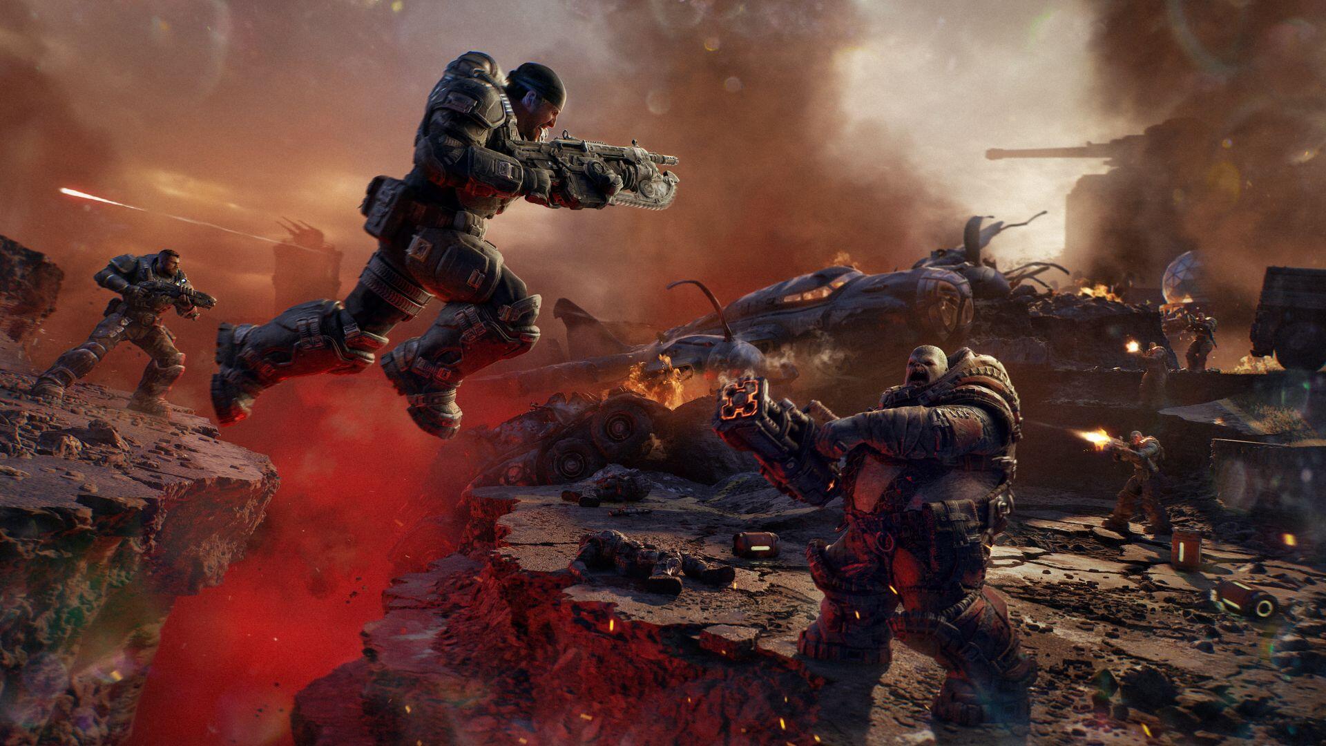 HD PC desktop wallpaper for the video game Gears of War — Gears of War: E-Day scene with armored soldiers leaping across a fiery, ruined battlefield amid explosions