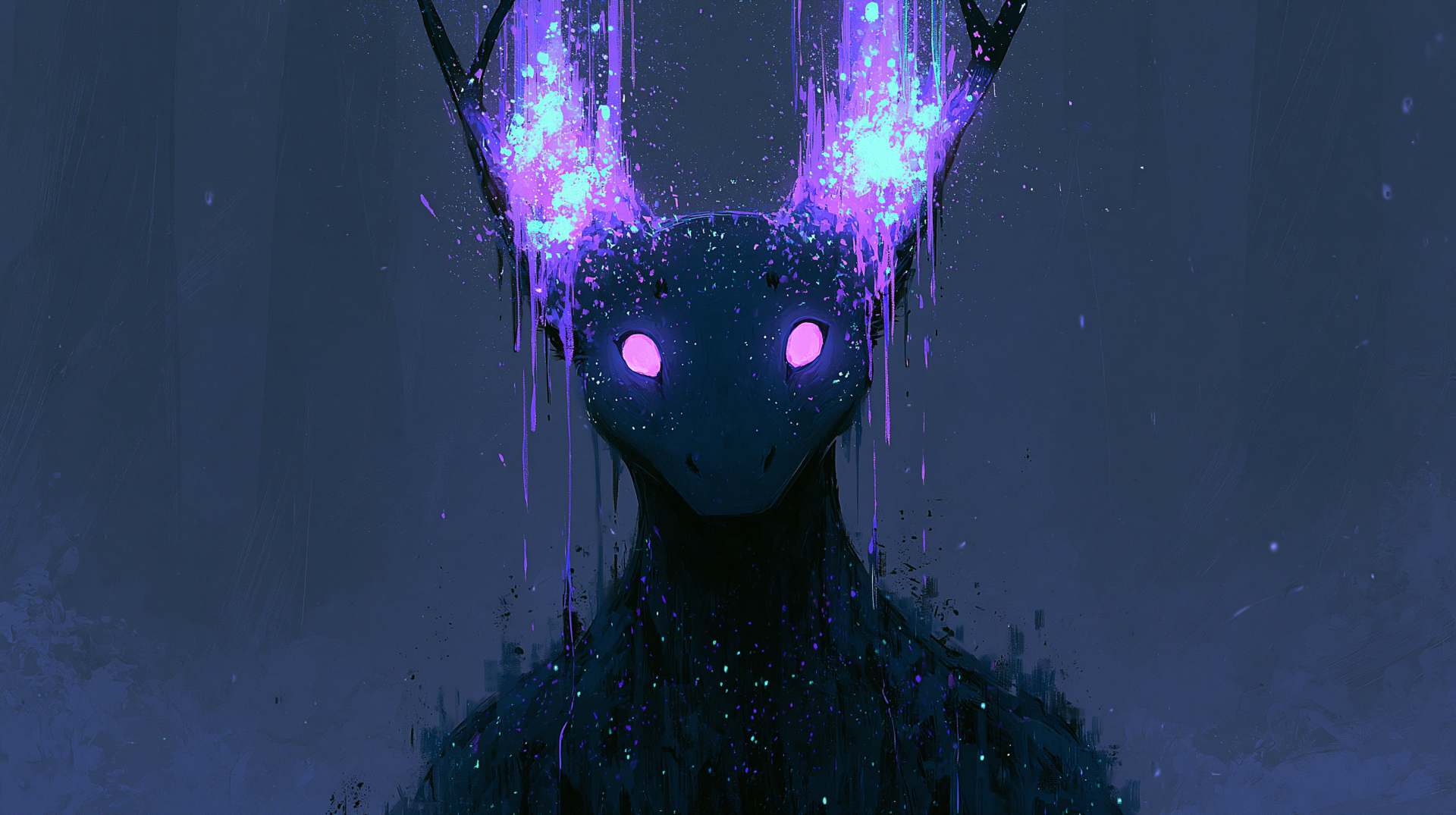 Fantasy creature with glowing purple eyes and horn-like luminescence, dripping stardust against a dark blue void — 2K Quad HD PC desktop wallpaper and background.