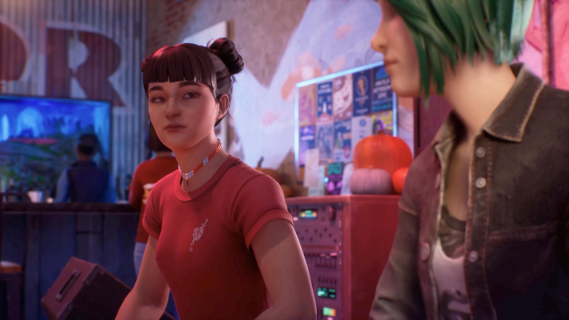 Two characters from the video game Life Is Strange: Reunion—a dark-haired girl and a green-haired friend—chat in a neon-lit room. 4K Ultra HD PC desktop wallpaper/background.