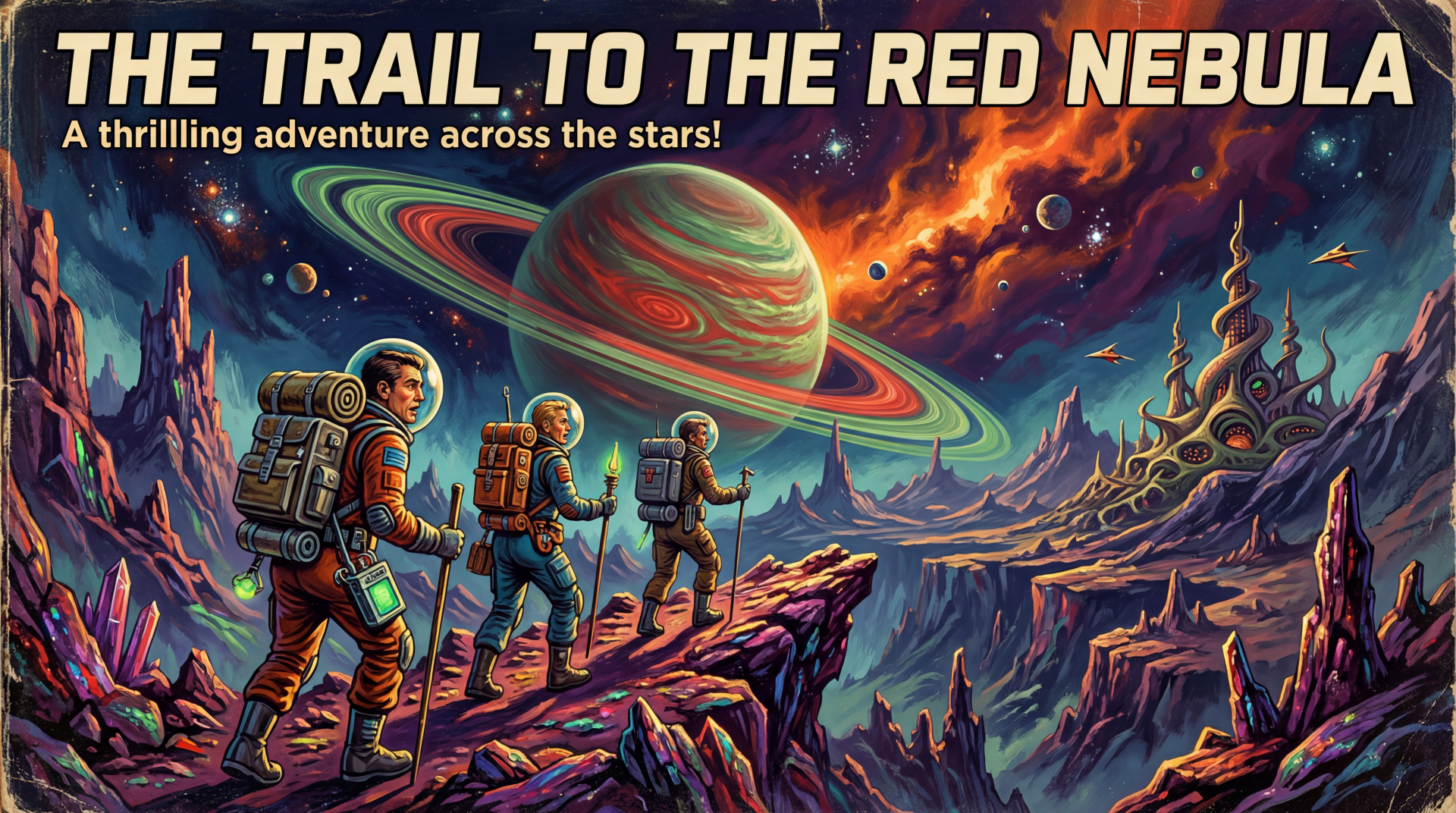 5K Ultra HD PC desktop wallpaper and background: three space-suited hikers stand on a jagged alien ridge gazing at a red-ringed planet and swirling nebula beneath a vivid cosmic sky.