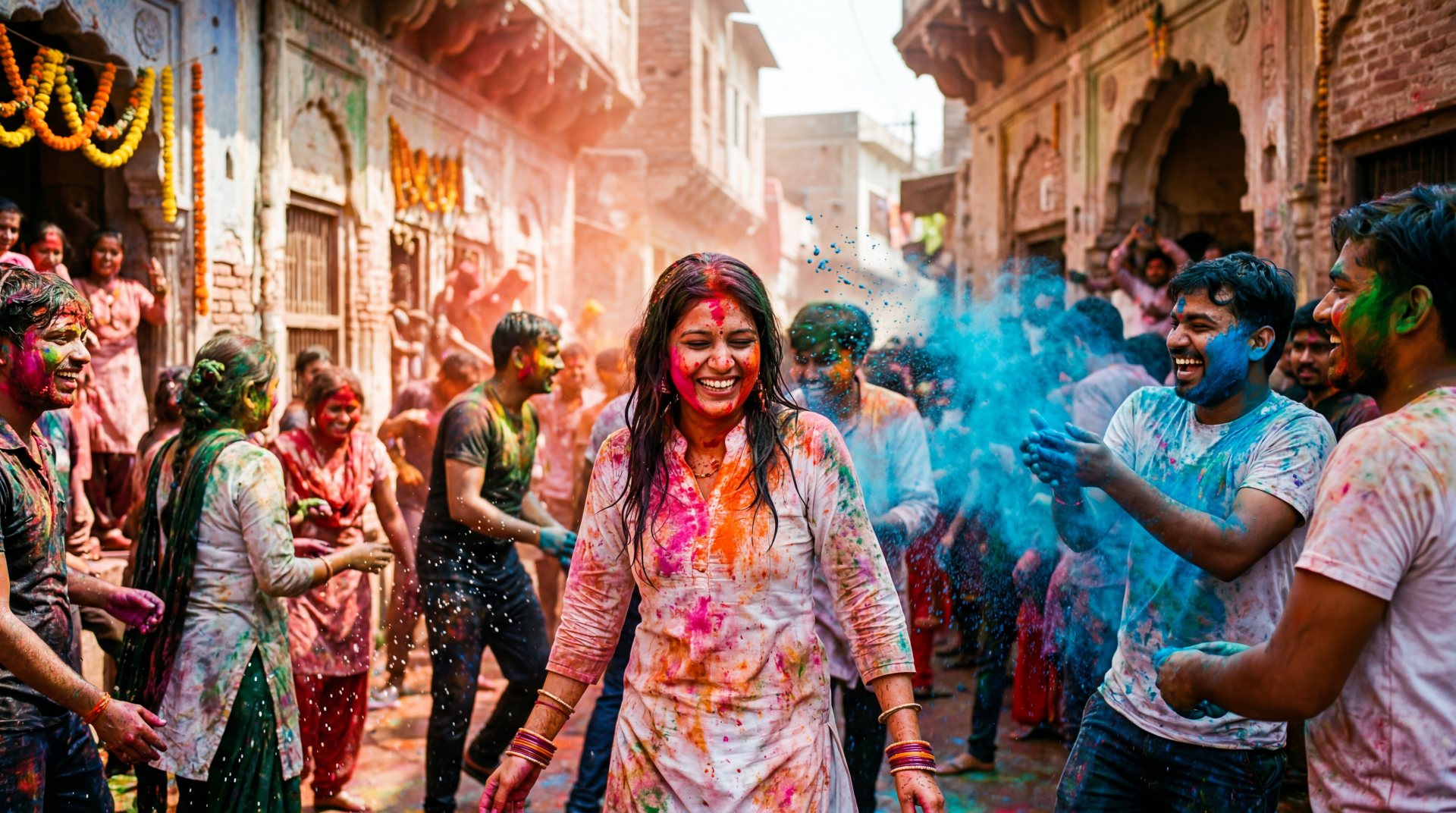 Vibrant Holi celebration: smiling woman and crowds in a narrow street showered with colorful powders — 5K Ultra HD PC desktop wallpaper and background.