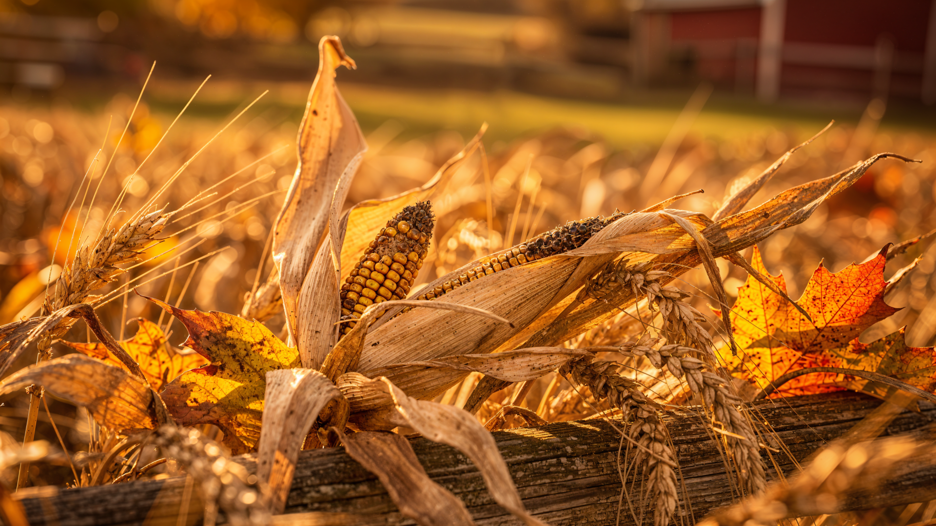 Autumn farm close-up of dried corn, straw and fallen leaves glowing in golden light against a blurred barn — 4K Ultra HD PC desktop wallpaper and background.