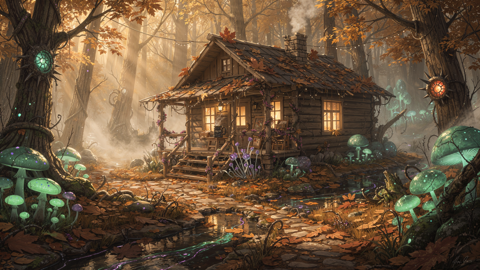 Enchanted autumn forest scene with a rustic cabin, glowing mushrooms and golden sunlight filtering through trees — 4K Ultra HD PC Desktop Wallpaper and Background.