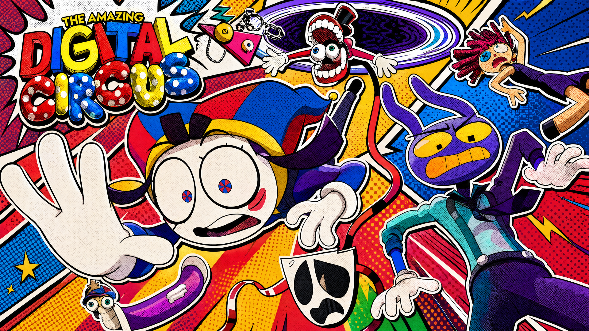 Vibrant pop-art scene of The Amazing Digital Circus characters and logo swirling through neon shapes — colorful, energetic 4K Ultra HD PC desktop wallpaper and background.