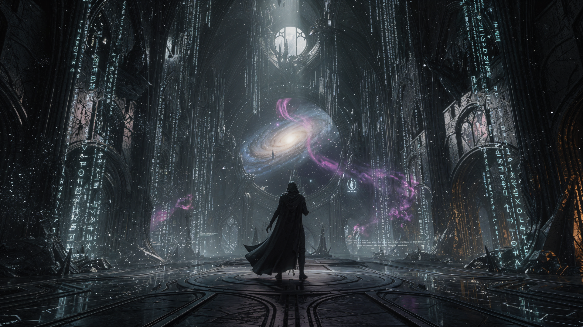 4K Ultra HD PC Desktop Wallpaper and Background: cloaked figure in a vast cyber-cathedral watches a floating galaxy emitting purple energy, framed by towering, code-lit columns.