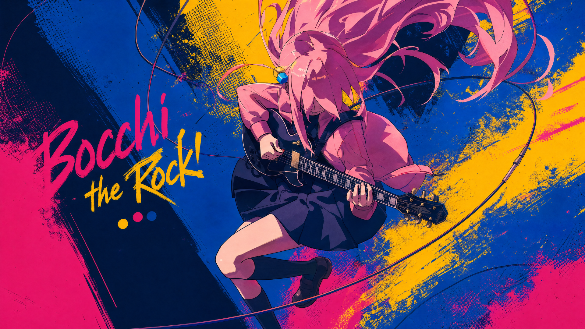 Bocchi the Rock! anime 4K Ultra HD PC desktop wallpaper of a pink‑haired guitarist mid-jump, playing an electric guitar against a bold blue, yellow and magenta paint-splash background.