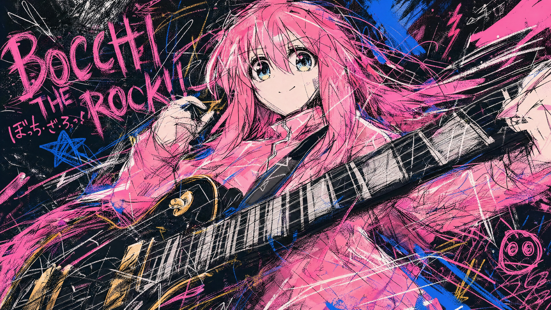 Bocchi the Rock! — pink‑haired guitarist in dynamic sketch art, electric guitar and energetic neon strokes; 4K Ultra HD PC desktop wallpaper and background.