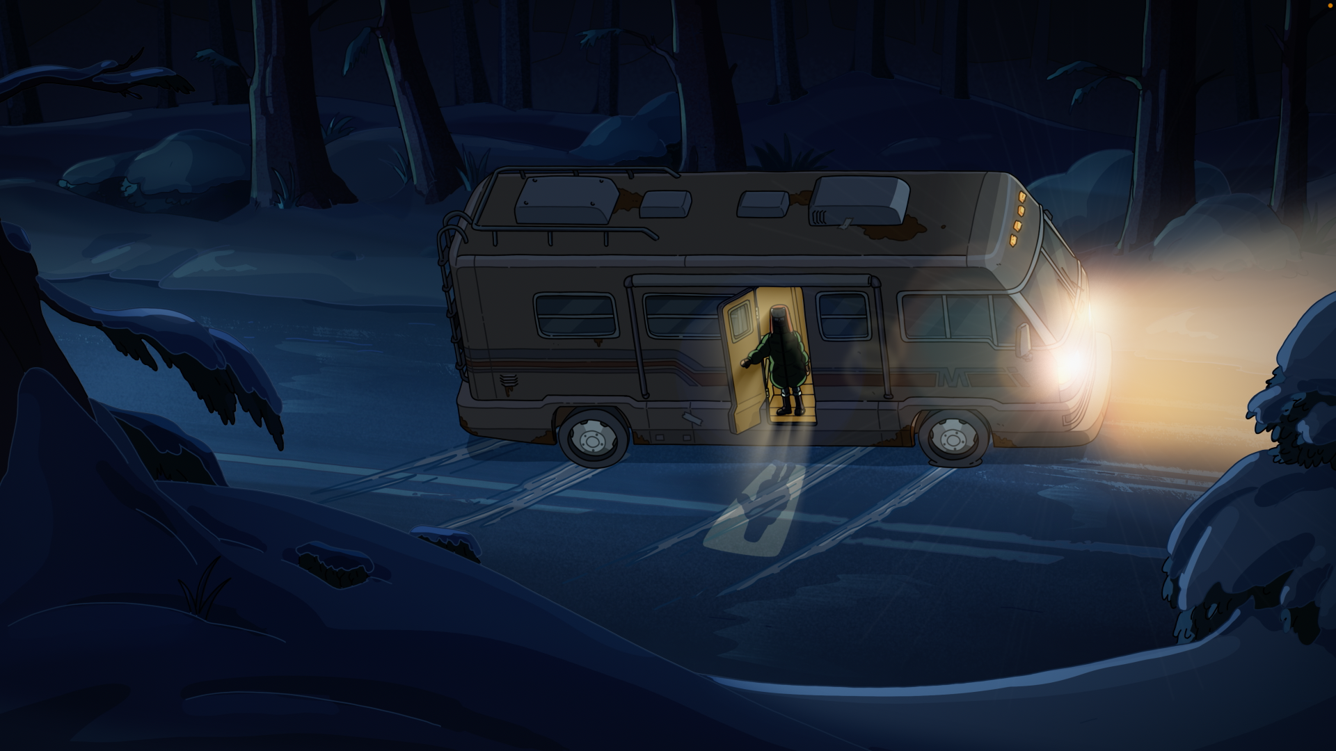Rick and Morty season 9 HD PC desktop wallpaper: RV parked in a snowy forest at night, headlights blazing as a ghostly figure steps out of the open door.