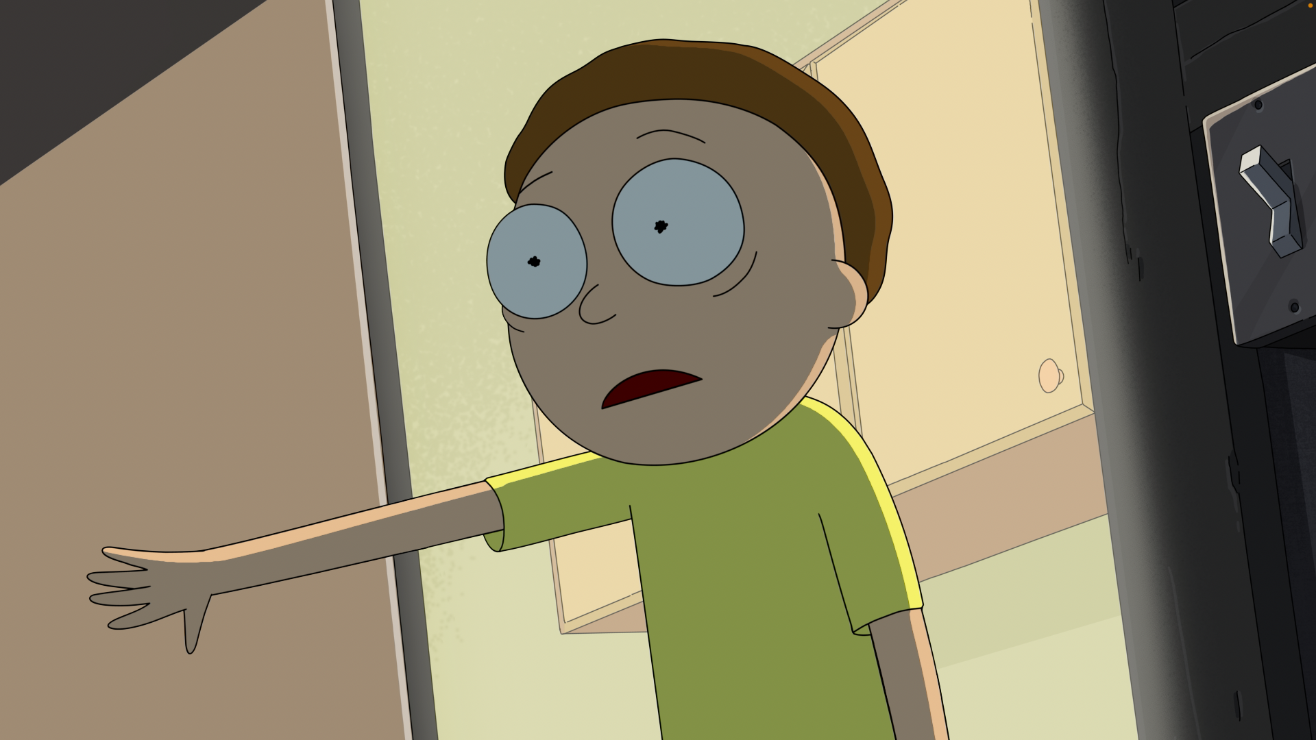 Rick and Morty TV show Season 9 HD PC wallpaper: Morty at a doorway, arm outstretched, wide-eyed.