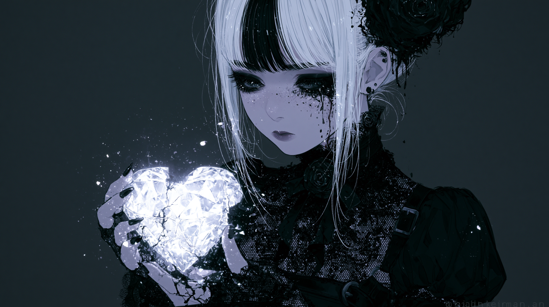 Goth girl in dark attire holding a glowing shattered crystal heart against a moody background — 2K Quad HD PC desktop wallpaper and background
