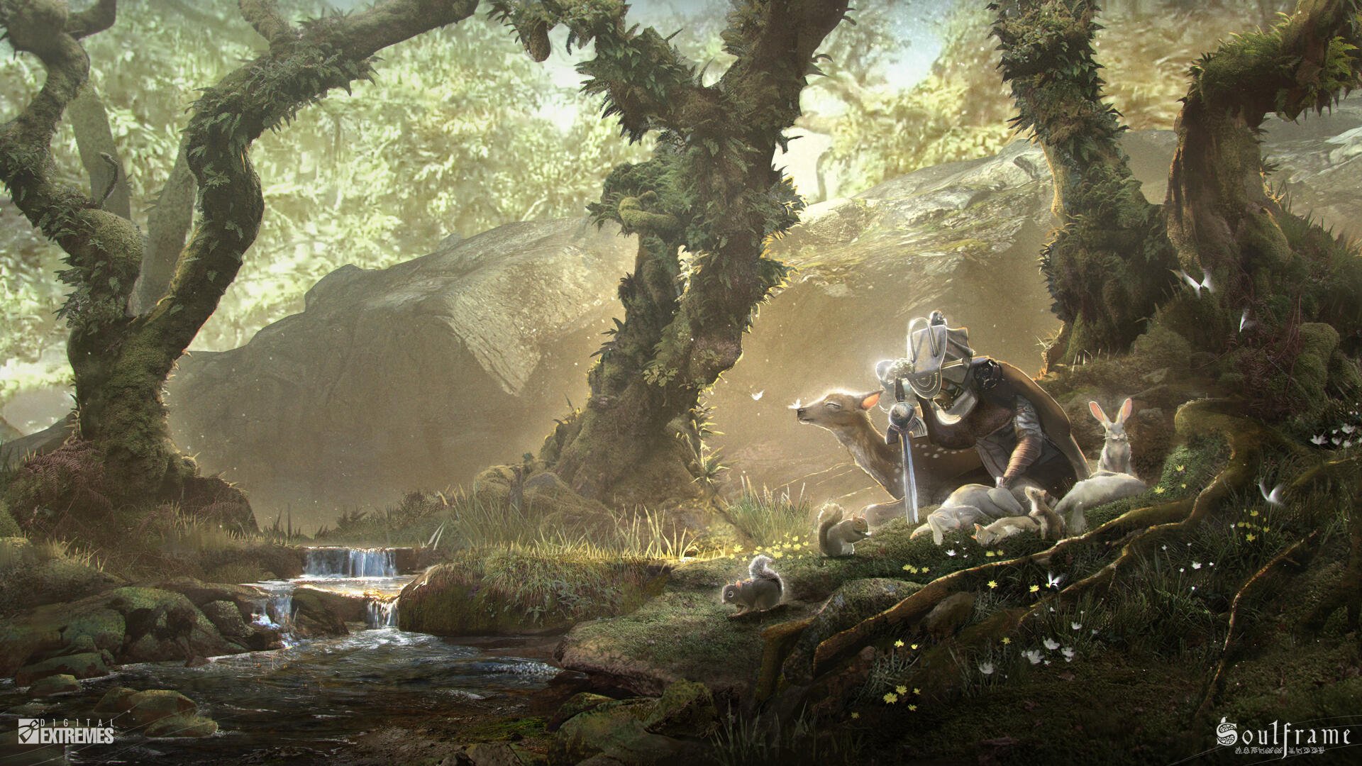 Soulframe video game 4K Ultra HD PC wallpaper: an armored figure kneels beside a sunlit forest stream, surrounded by rabbits and mossy, ancient trees.