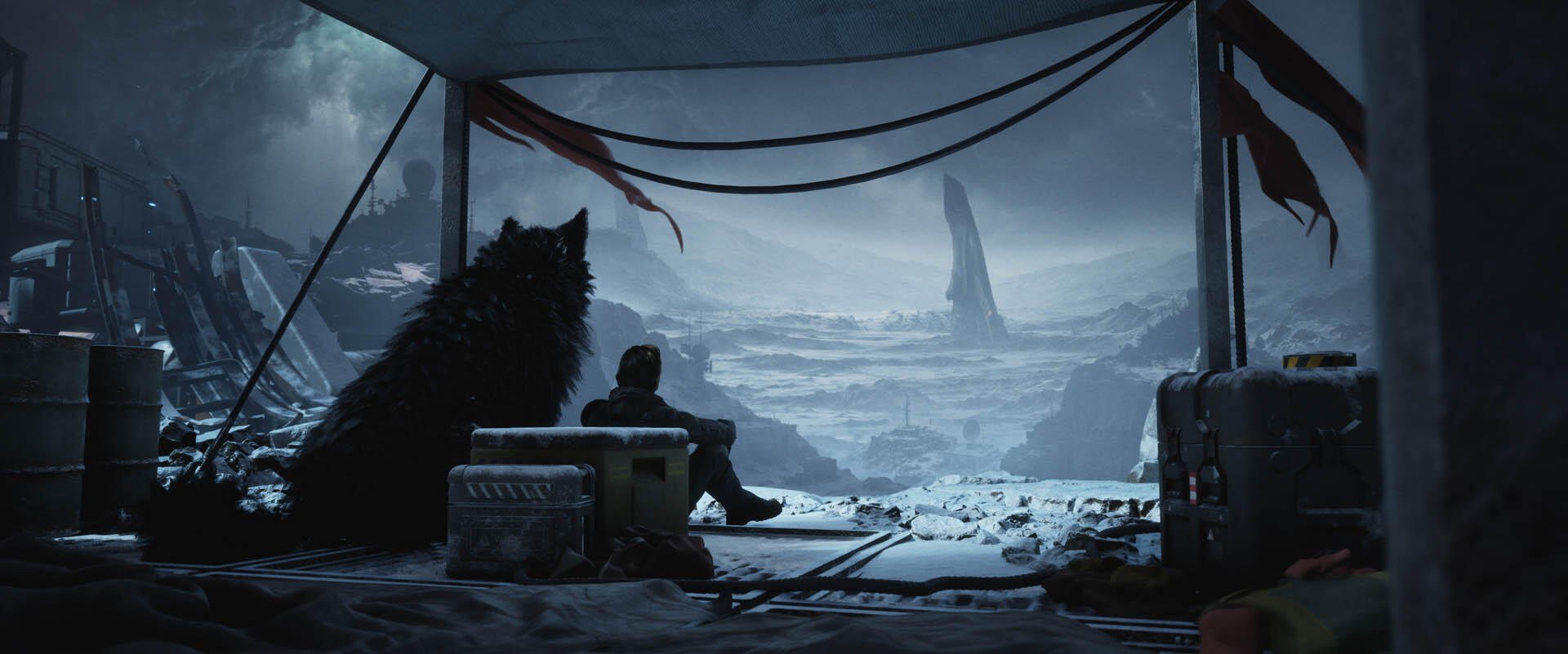 HD PC desktop wallpaper from the video game Exodus (2027): a lone survivor and wolf sit in a ruined shelter, gazing across a snowy wasteland toward a distant monolith.