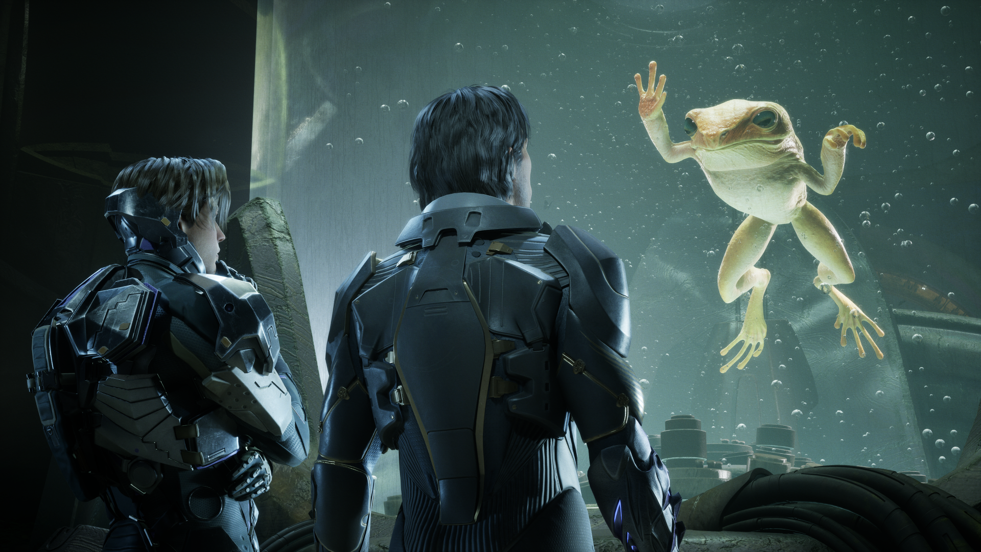 Two armored figures study a hovering alien frog inside a glass chamber — Exodus (2027 video game) 4K Ultra HD PC desktop wallpaper and background.