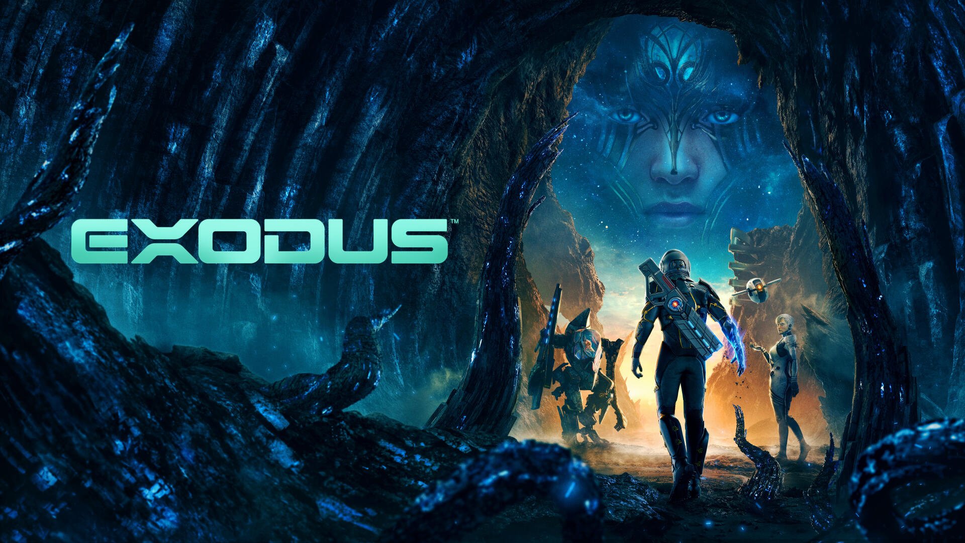 4K Ultra HD PC desktop wallpaper for the video game Exodus (2027): armored protagonist and allies emerge from a glowing cavern toward a giant spectral face in a blue sci‑fi landscape.