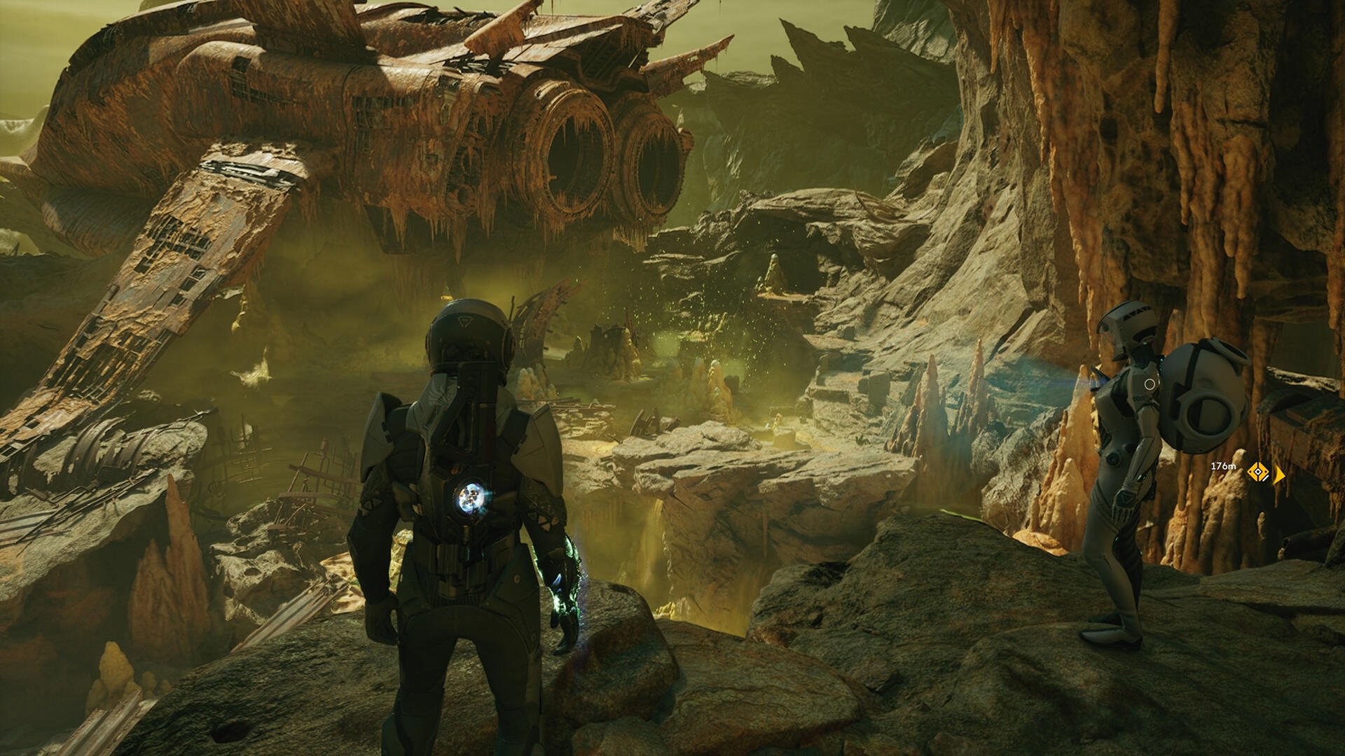 HD PC Desktop Wallpaper and Background from Exodus (2027 Video Game): two armored explorers on a rocky alien ridge overlooking a crashed starship in a misty green canyon.