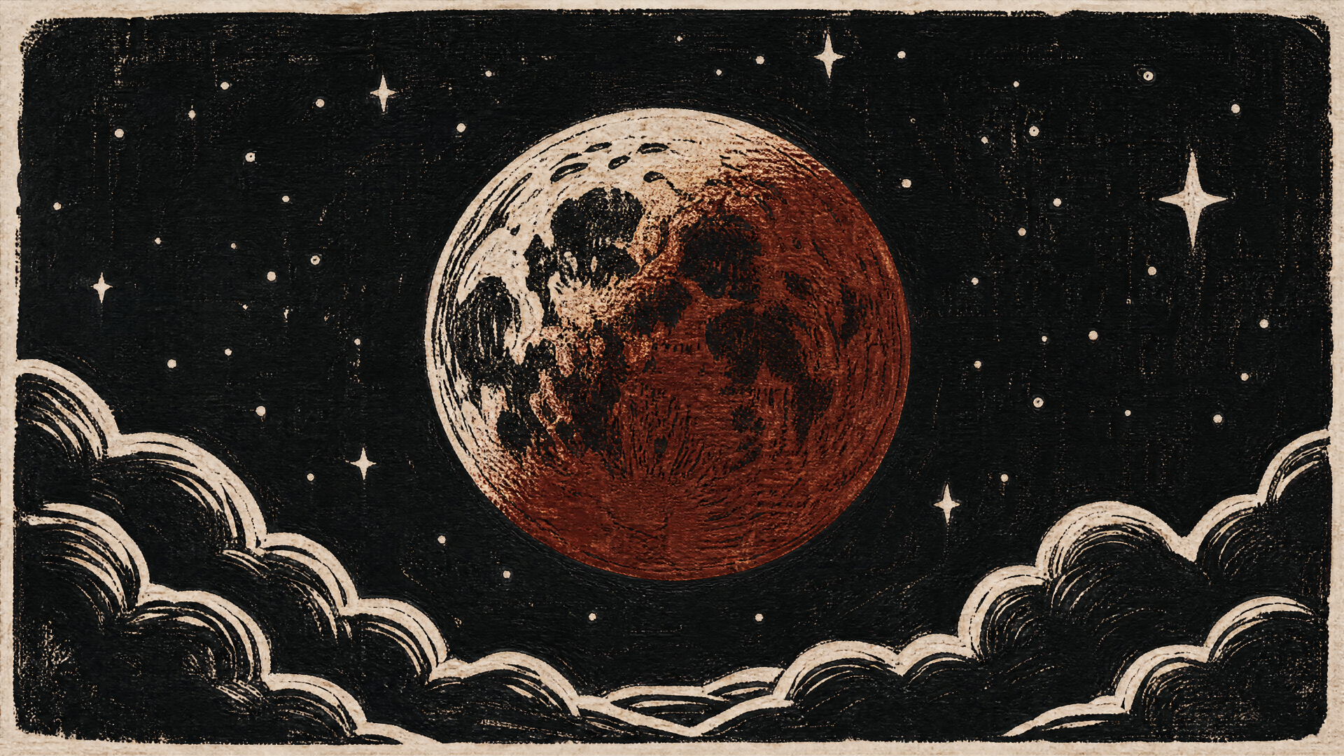 4K Ultra HD PC desktop wallpaper and background: stylized blood-red lunar eclipse over vintage clouds against a starry black sky.