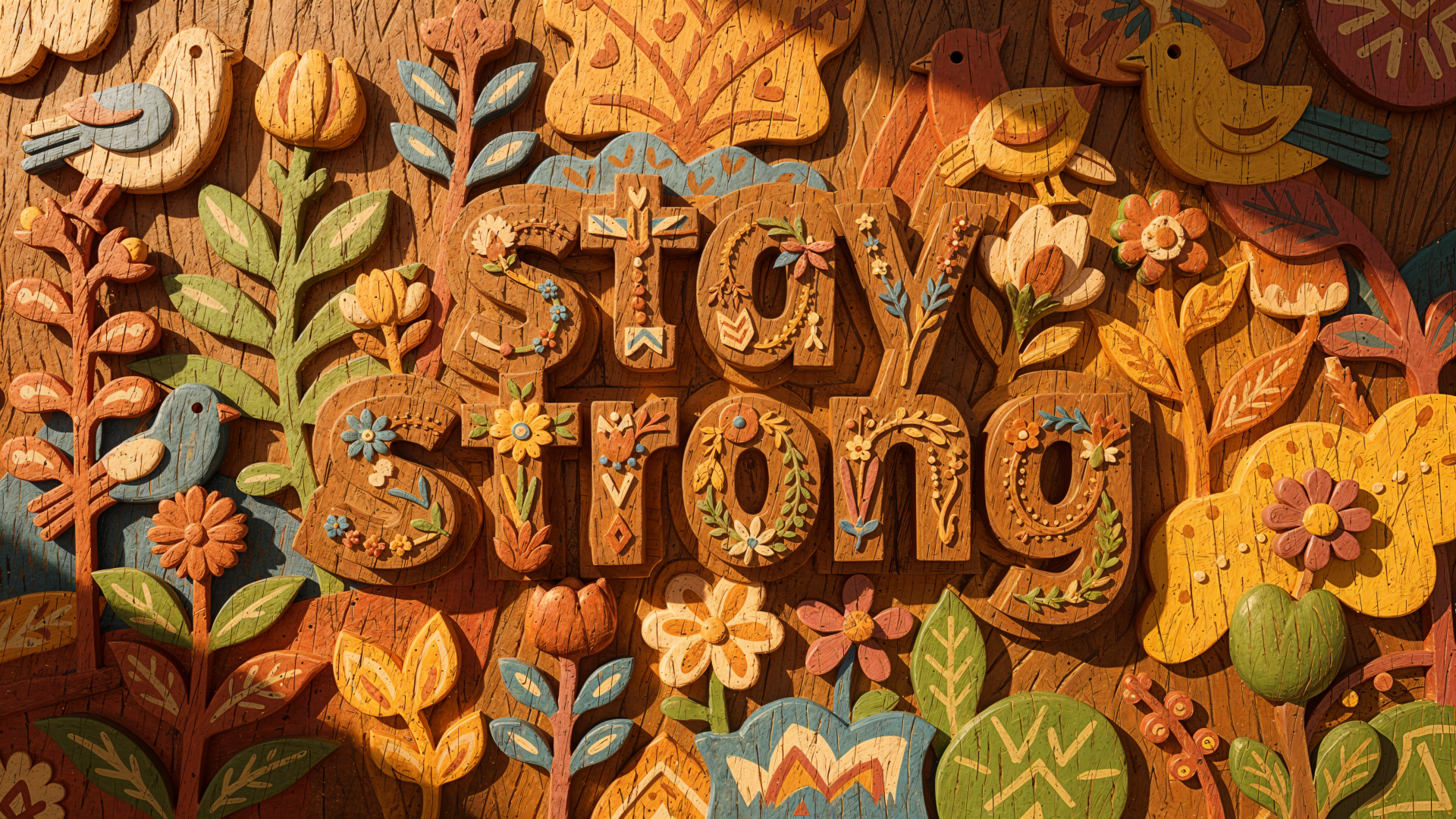 4K Ultra HD PC desktop wallpaper background: carved wooden folk-art panel with colorful flowers, birds and leaves forming the words stay strong.