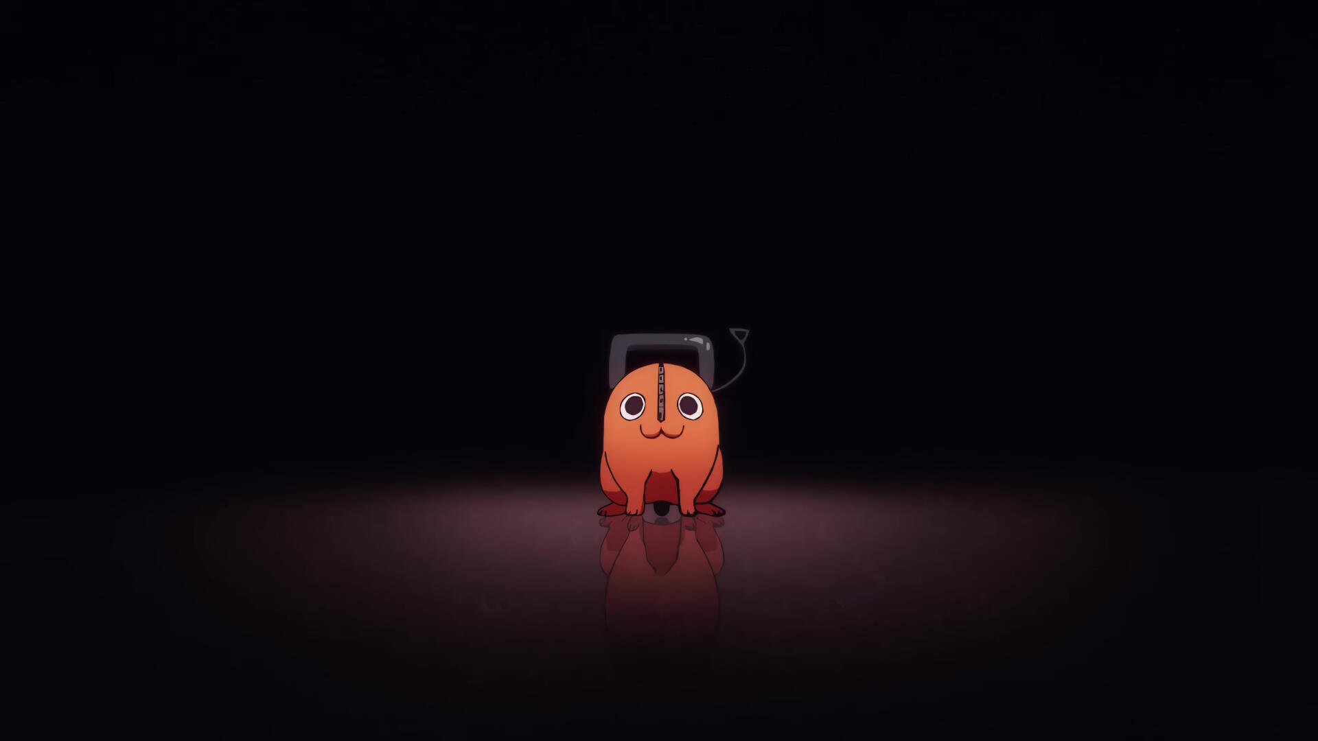 Pochita from Chainsaw Man — small orange chainsaw-dog with wide eyes, centered on a glossy floor under a spotlight; minimalist anime 4K Ultra HD PC desktop wallpaper