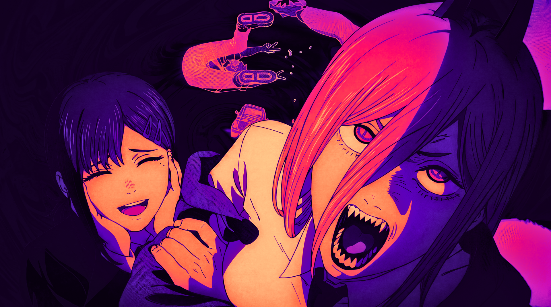 Vibrant 5K Ultra HD PC wallpaper of Chainsaw Man: Power snarling with chainsaw teeth and Kobeni Higashiyama smiling beside her; anime waifu-style art in neon purple and pink.