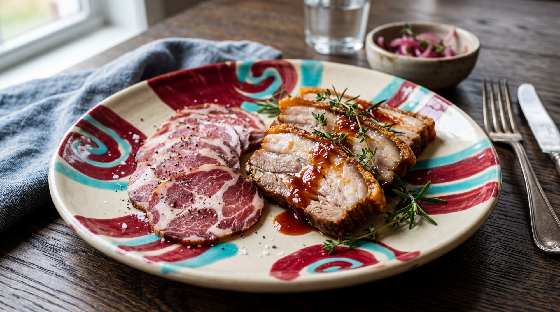 5K Ultra HD PC desktop wallpaper: close-up of sliced roasted pork loin with glaze and cured pork on a colorful plate, rosemary garnish and pickled onions on a wooden table.