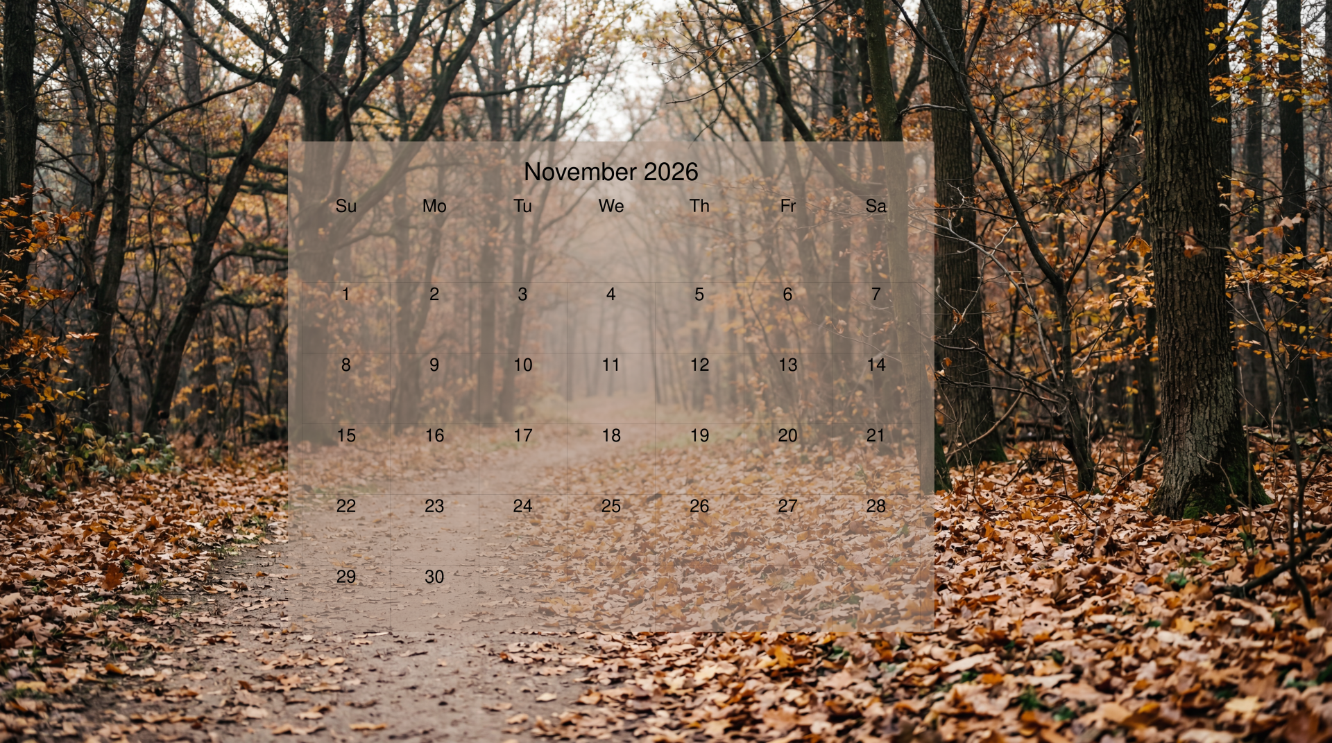 Autumn forest path with fallen leaves and tall trees, translucent centered November 2026 calendar overlay; 5K Ultra HD PC desktop wallpaper and background.