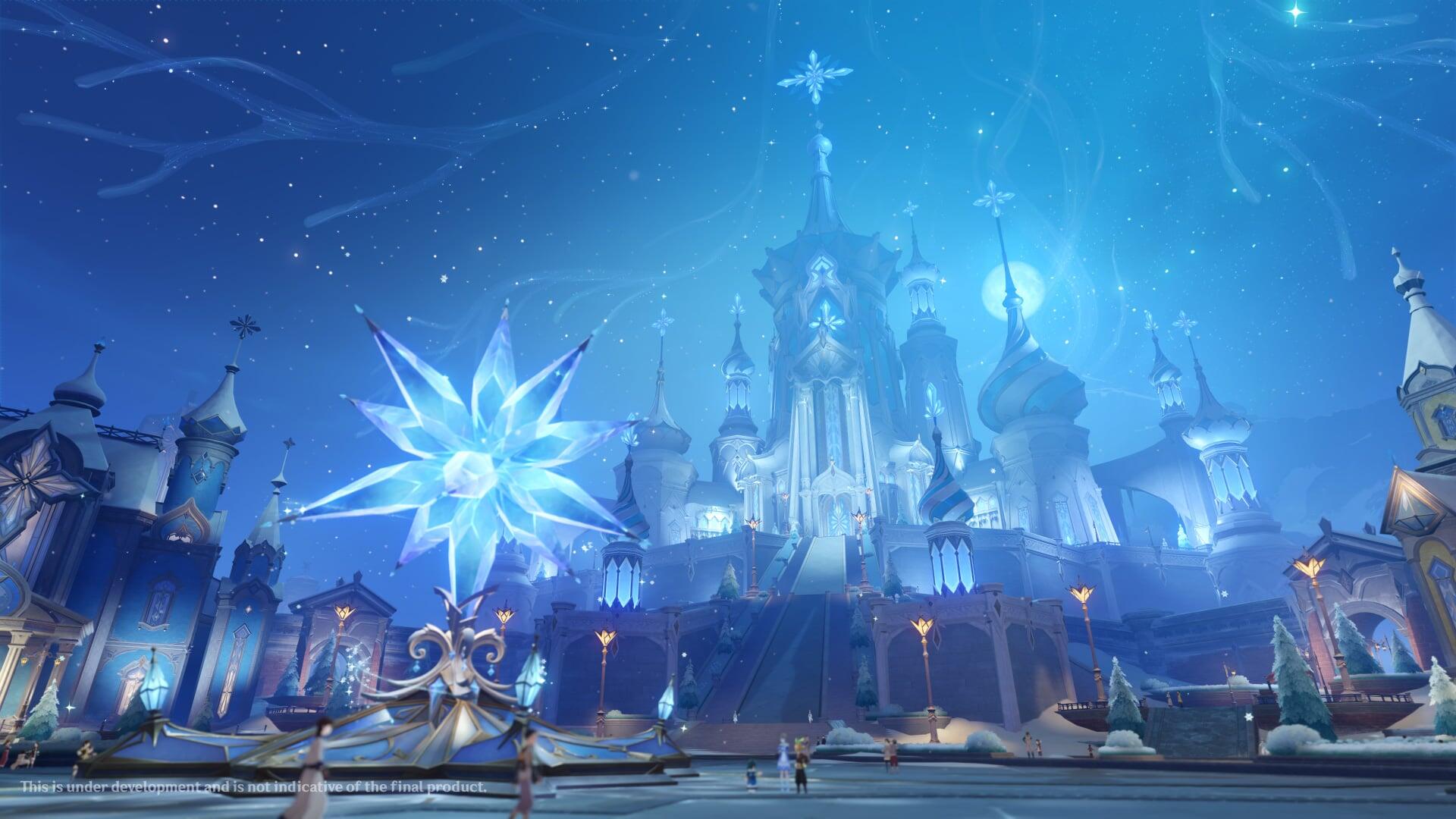 Genshin Impact Luna VIII video game HD PC desktop background: moonlit crystalline palace and frozen plaza beneath a glowing ice star in a blue night sky.