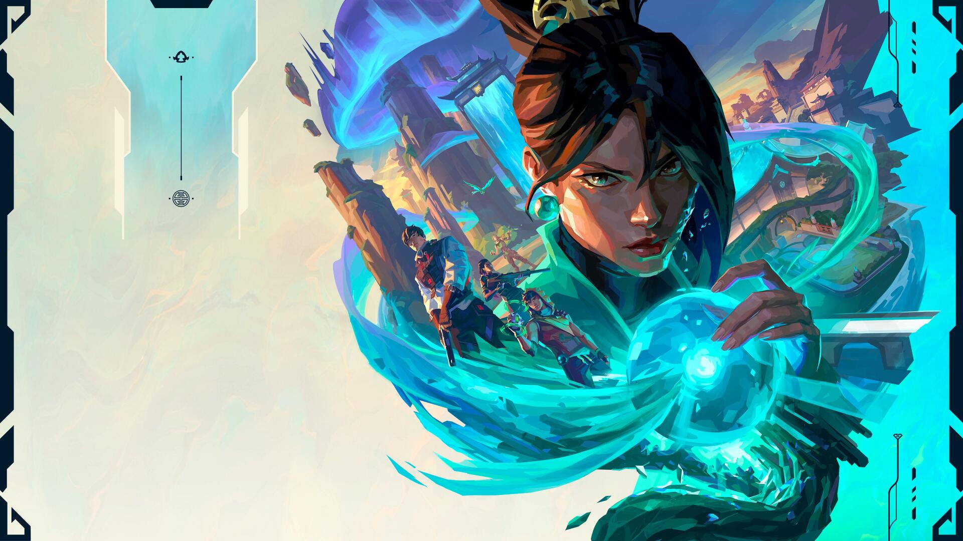 4K Ultra HD Valorant wallpaper featuring Sage, Iso, Reyna and Miks in a dynamic blue-green energy swirl, characters poised for battle on a stylized PC desktop background.