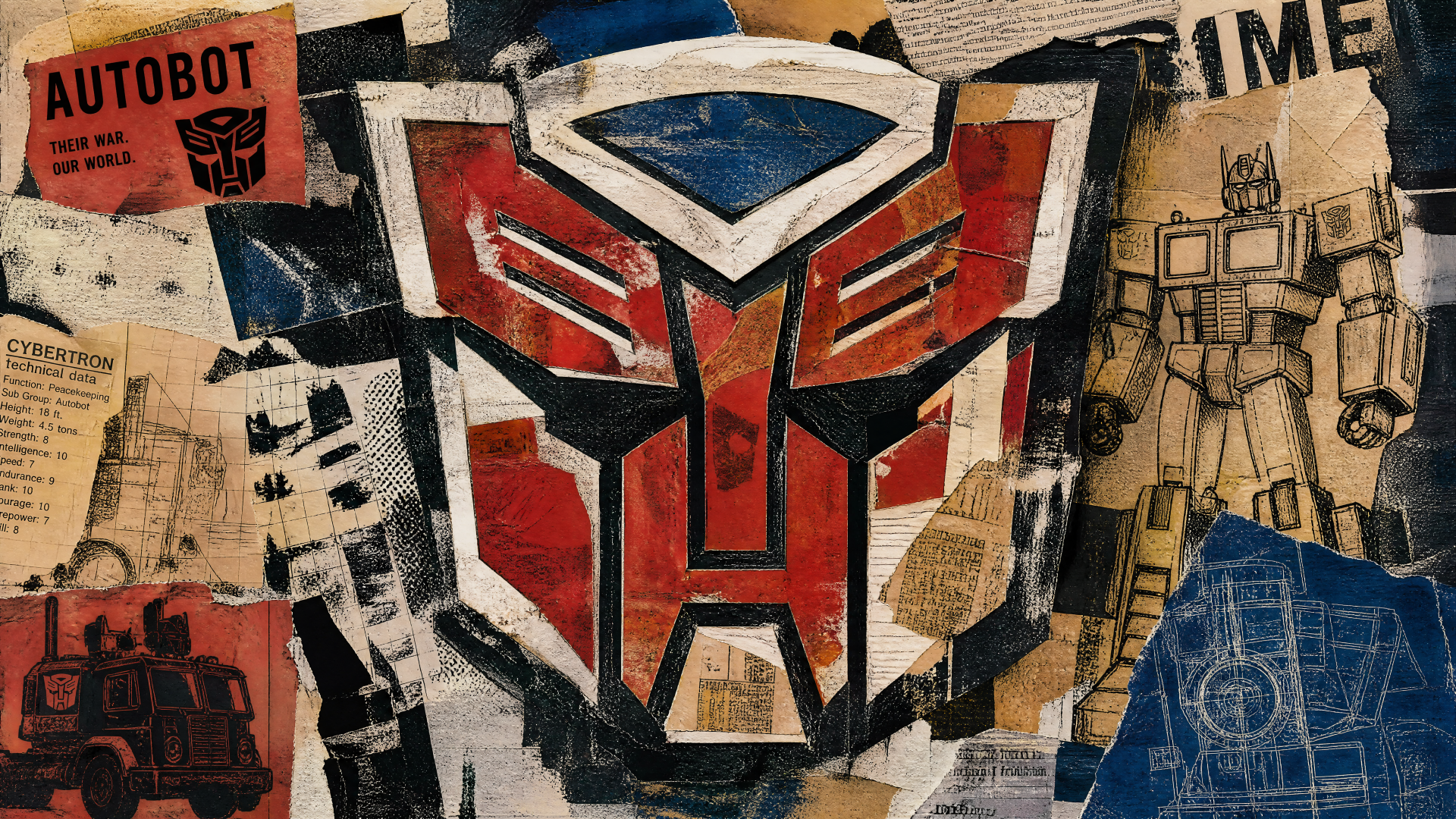 Graffiti-style Autobot emblem in red, white and blue layered over vintage blueprints and newsprint — 4K Ultra HD PC desktop wallpaper and background.