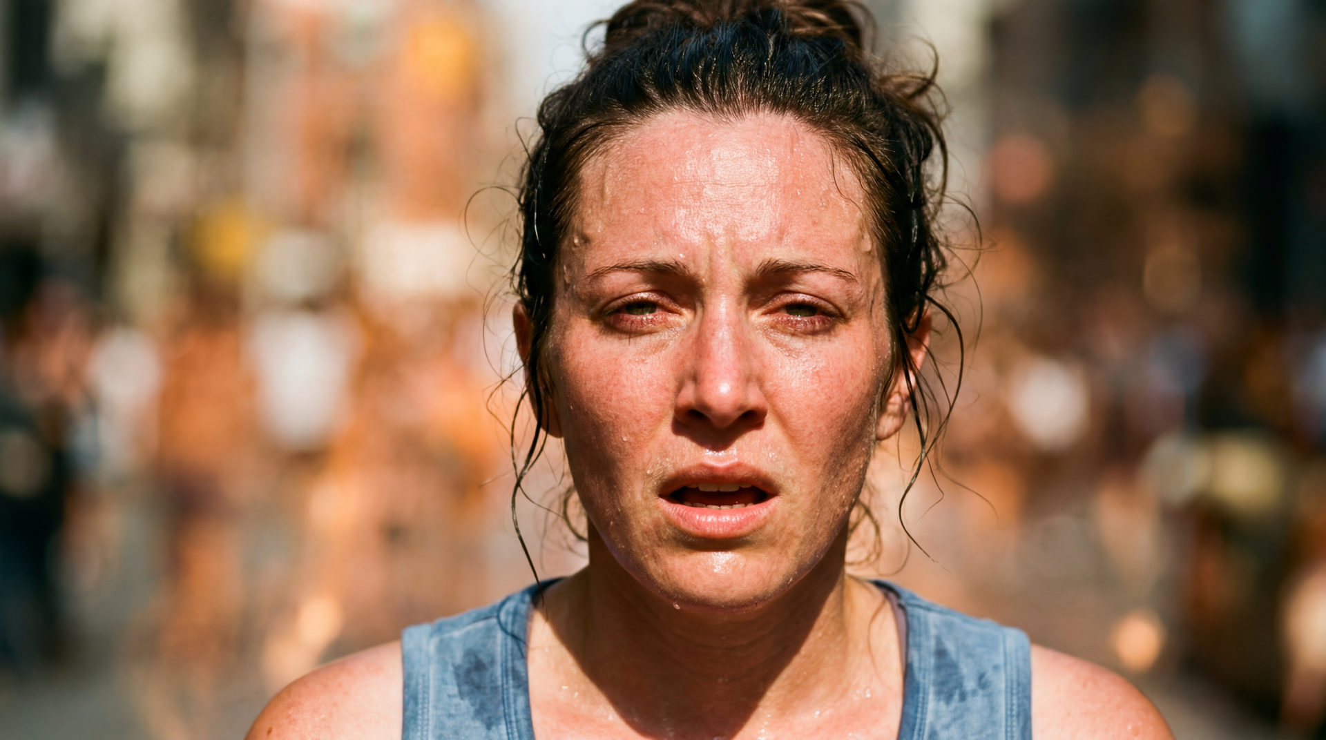 5K Ultra HD PC desktop wallpaper: close-up of a sweating woman with flushed face and damp hair in a heatwave, blurred city background.
