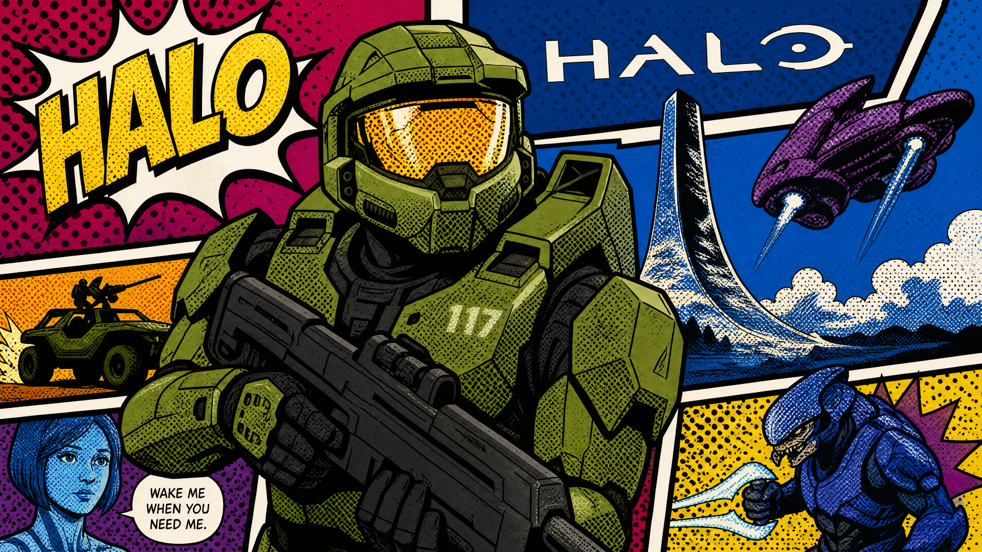 Vibrant Halo 4K Ultra HD PC desktop wallpaper: comic-style Master Chief in green armor holding a rifle, with a ringworld, Covenant ship and pop-art panels.