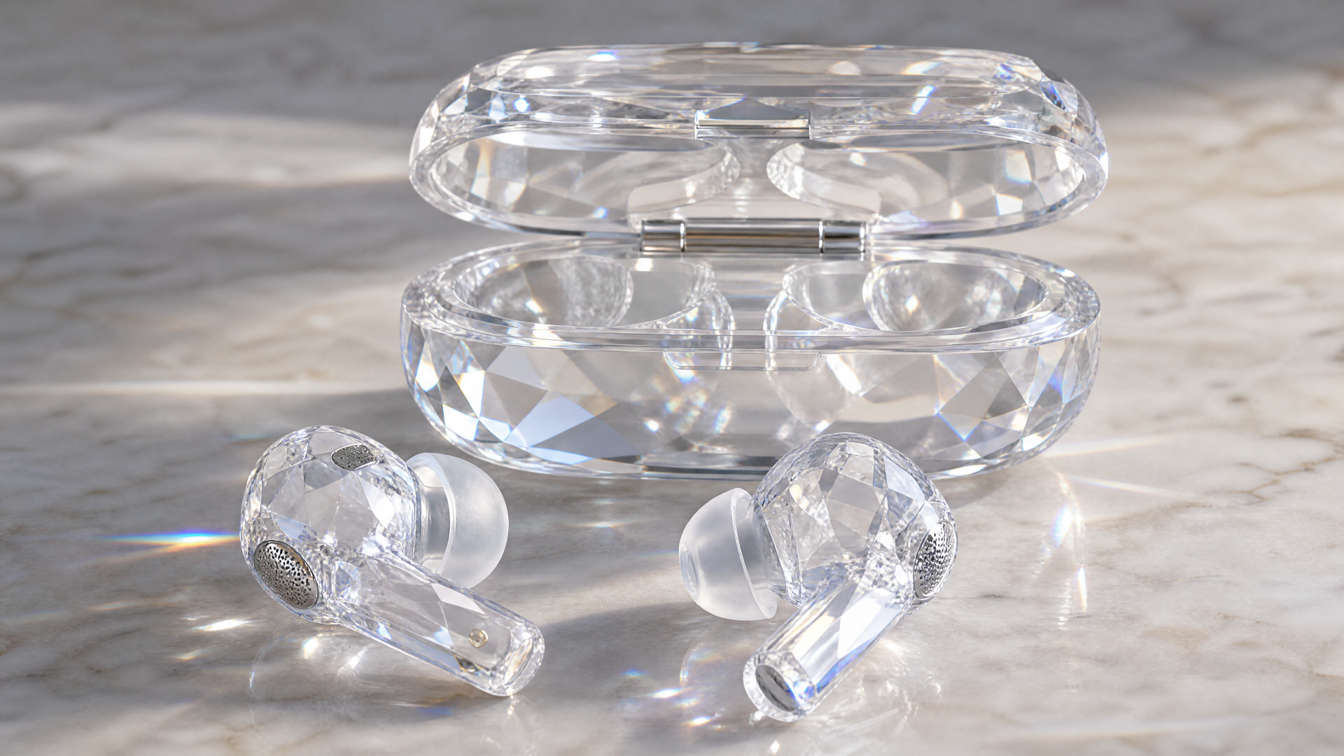 Crystal-clear glass earbuds and matching transparent charging case on a marble surface — 4K Ultra HD PC desktop wallpaper background.