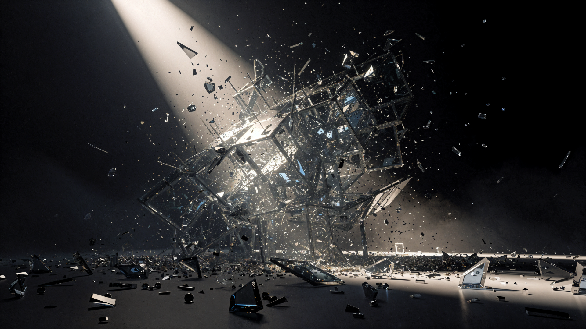 4K Ultra HD PC desktop wallpaper and background of a shattered glass cube exploding into shards under a single spotlight — falling apart, fragments scattering across a dark floor.