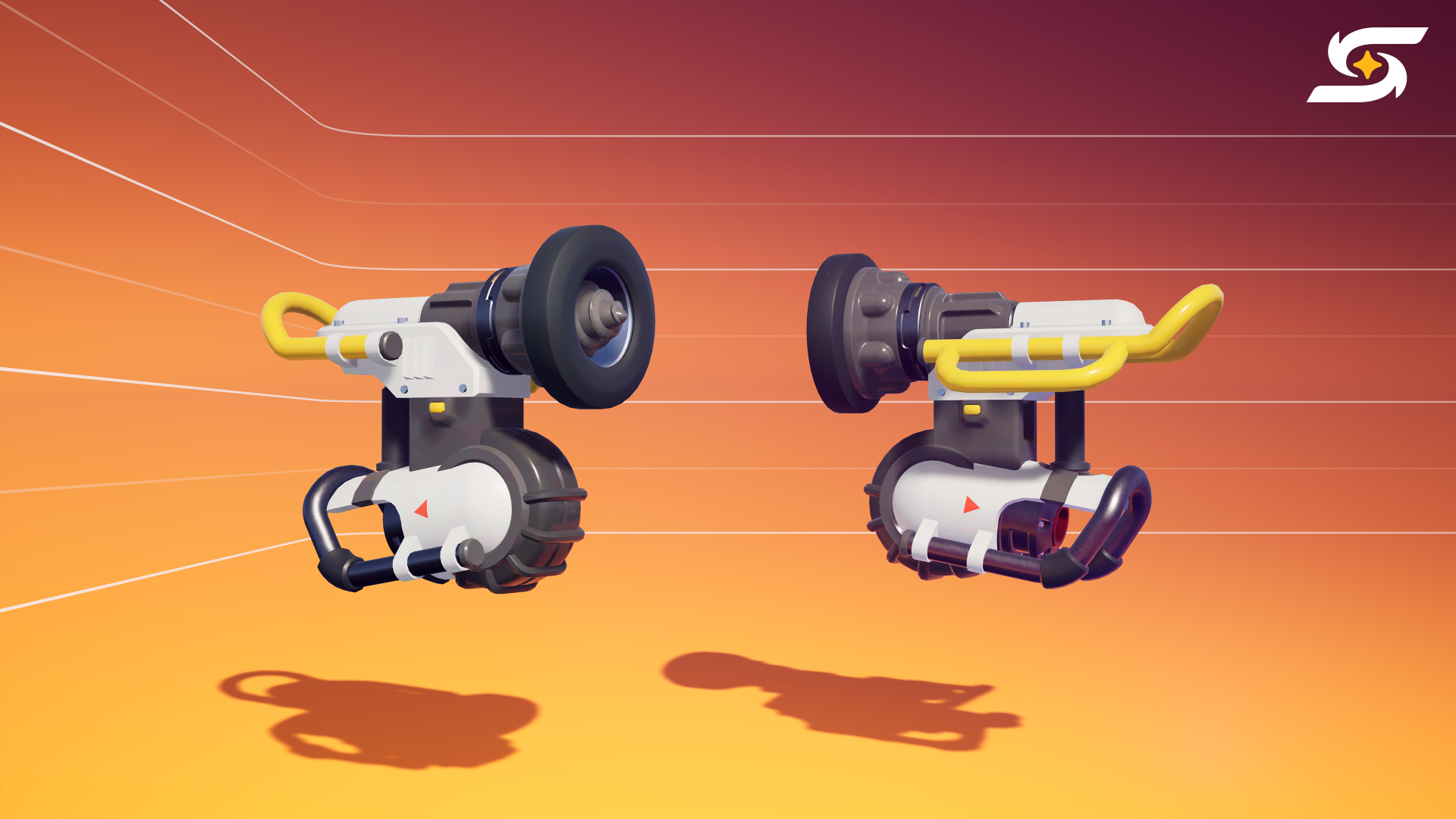 4K Ultra HD PC desktop wallpaper for the video game Starseeker: Astroneer Expeditions showing two futuristic rover thruster modules floating above an orange gradient background.