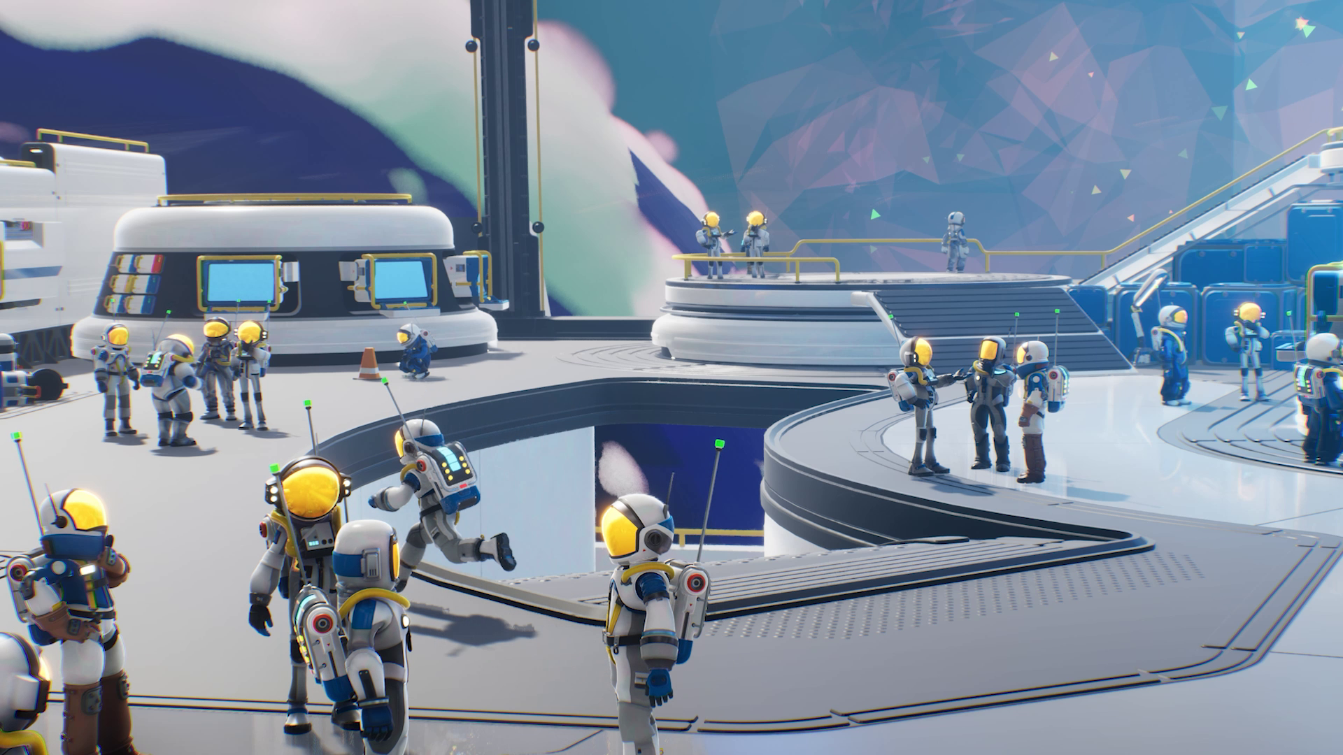 HD PC desktop wallpaper of the video game Starseeker: Astroneer Expeditions — yellow‑helmeted astronauts gather on circular platforms of a futuristic space base under an alien, starry sky.
