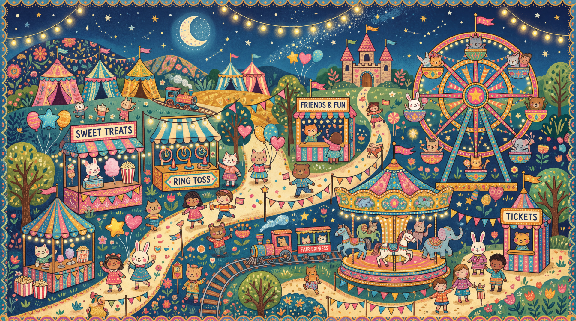 5K Ultra HD PC desktop wallpaper and background: whimsical nighttime fair with Ferris wheel, carousel, game booths, colorful tents and string lights under a crescent moon, cute characters.