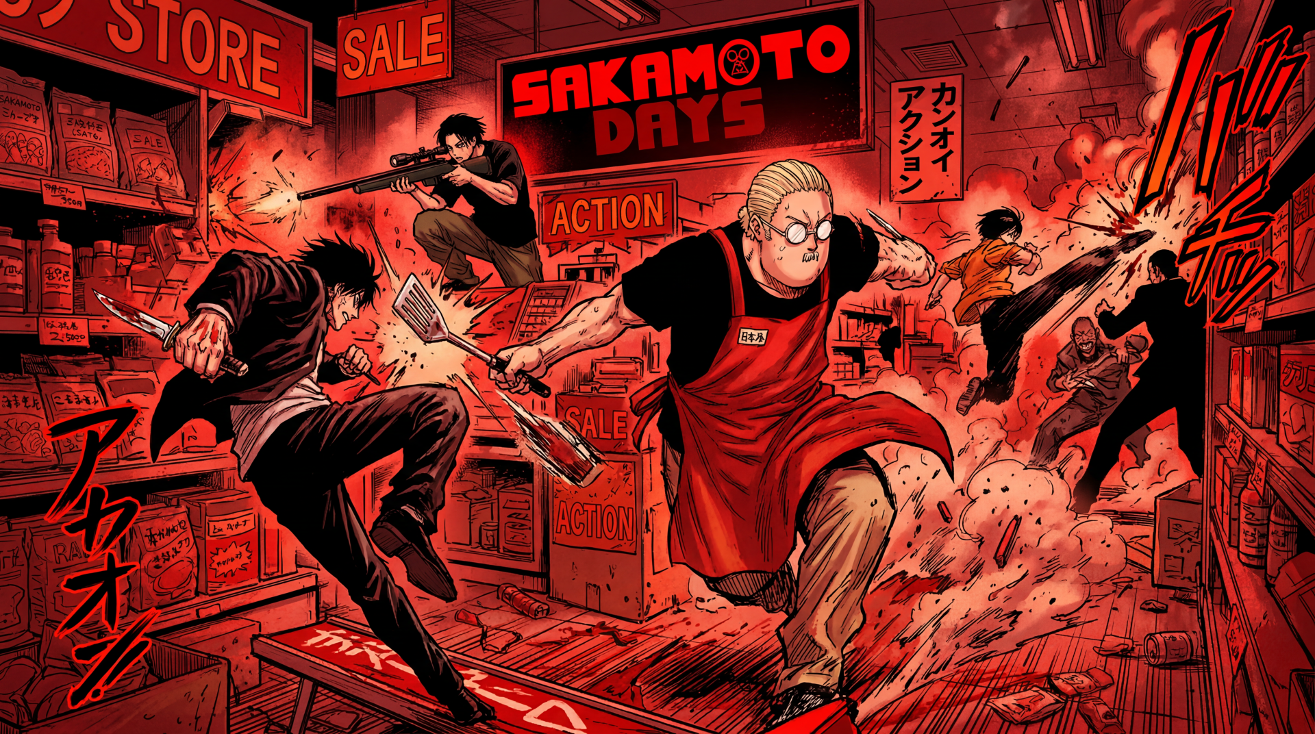 High-contrast red 5K Ultra HD PC desktop wallpaper of Sakamoto Days: apron-clad Sakamoto sprinting through a chaotic neon store brawl as masked assailants leap and debris flies.