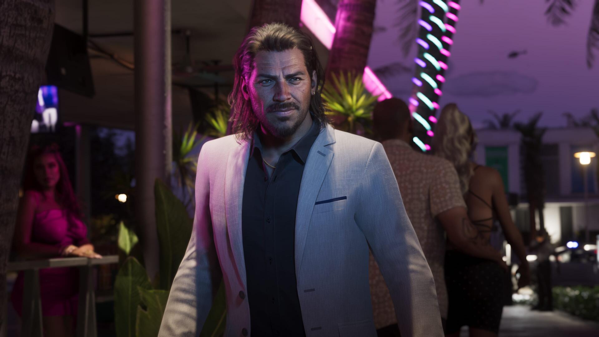 Raul Bautista from Grand Theft Auto VI in a neon-lit club, video game 4K Ultra HD PC desktop wallpaper showing the character in a white suit with a determined expression.