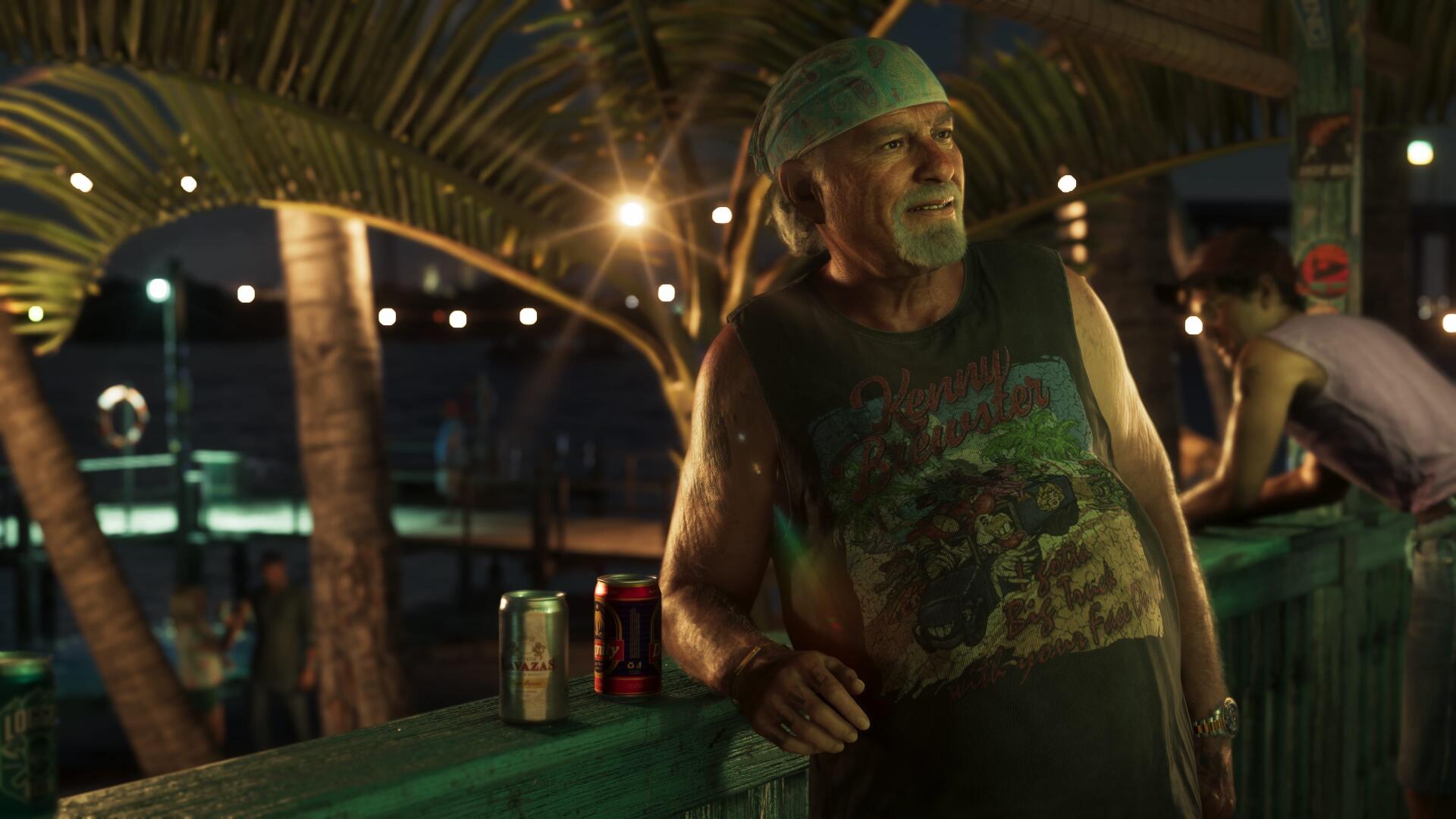 4K Ultra HD PC desktop wallpaper — Grand Theft Auto VI scene: bearded man in a bandana leans on a palm-fringed balcony at night, neon lights and drink cans on the railing.