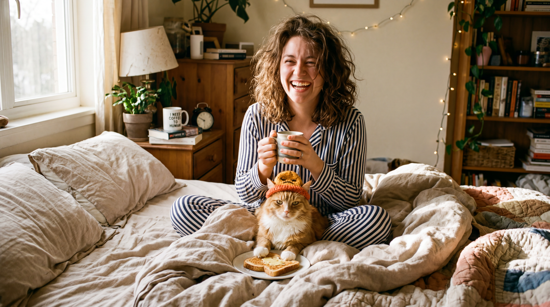 Cozy morning 5K Ultra HD PC desktop wallpaper: smiling person in striped pajamas on a rumpled bed, holding a mug while a ginger cat in a tiny hat sits on their lap in warm sunlight.