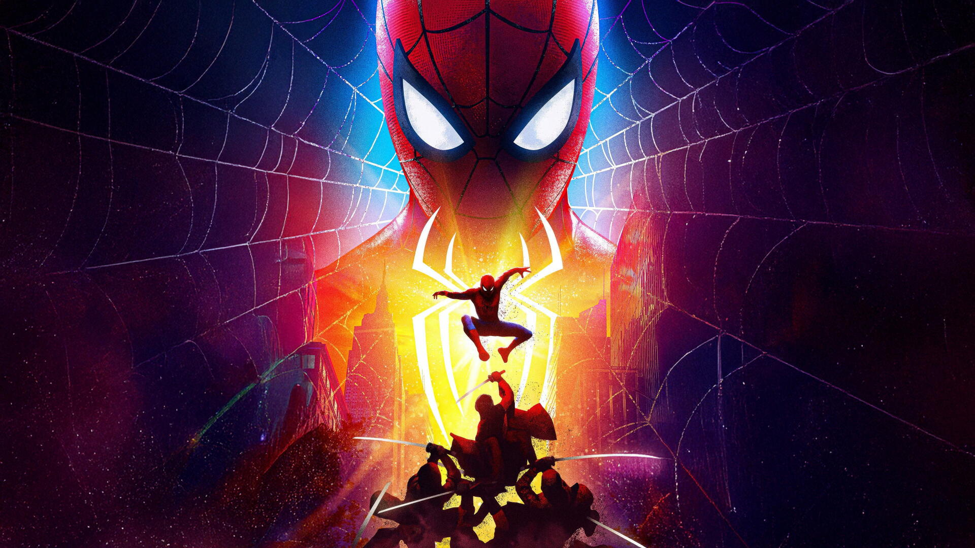 4K Ultra HD PC desktop wallpaper featuring Spider-Man: Brand New Day — glowing mask, silhouetted web-swinger and giant spider emblem amid neon city and web.