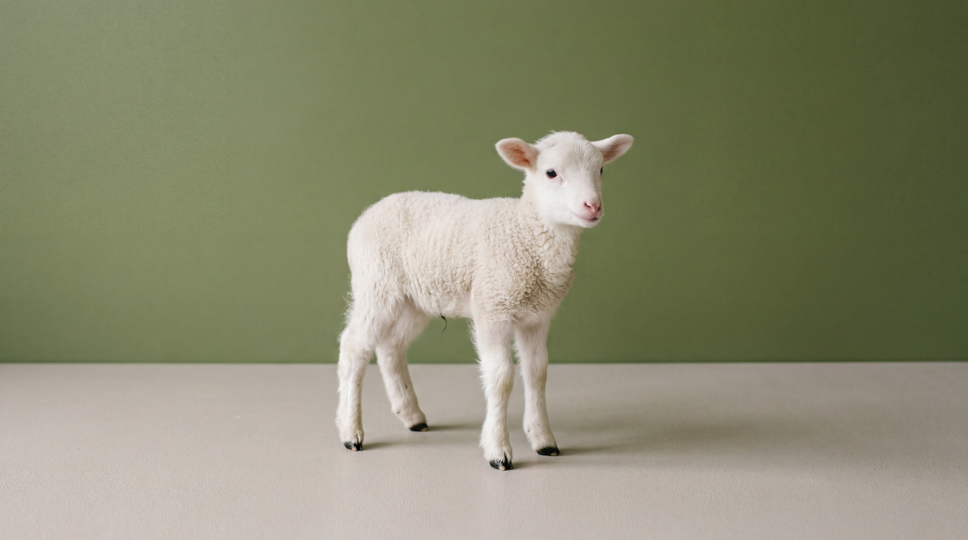 5K Ultra HD PC desktop wallpaper: a white lamb standing on a pale floor against an olive-green background.