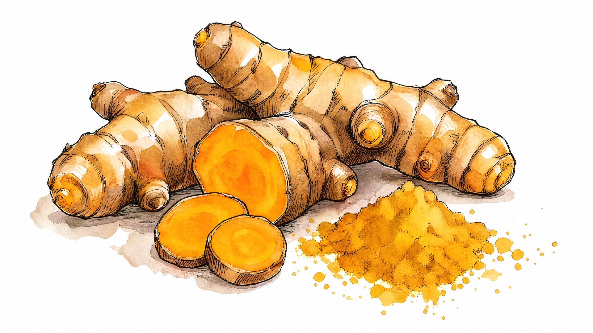 4K Ultra HD PC desktop wallpaper and background: watercolor-style illustration of turmeric roots, sliced rounds and a pile of bright orange turmeric powder on white.
