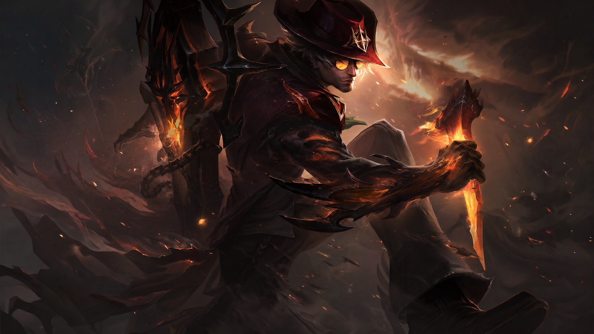 Locke (League of Legends) 4K Ultra HD PC desktop wallpaper and background — shadowy armored warrior wielding flaming blades amid a smoky, ember-lit battlefield.